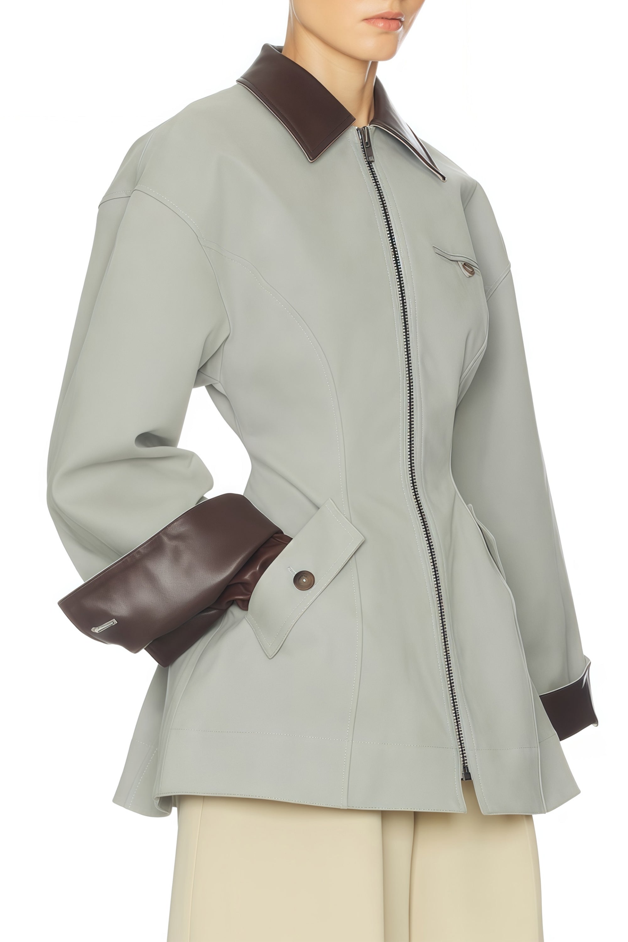 Vilma Grey Leather Collar Hunting Jacket