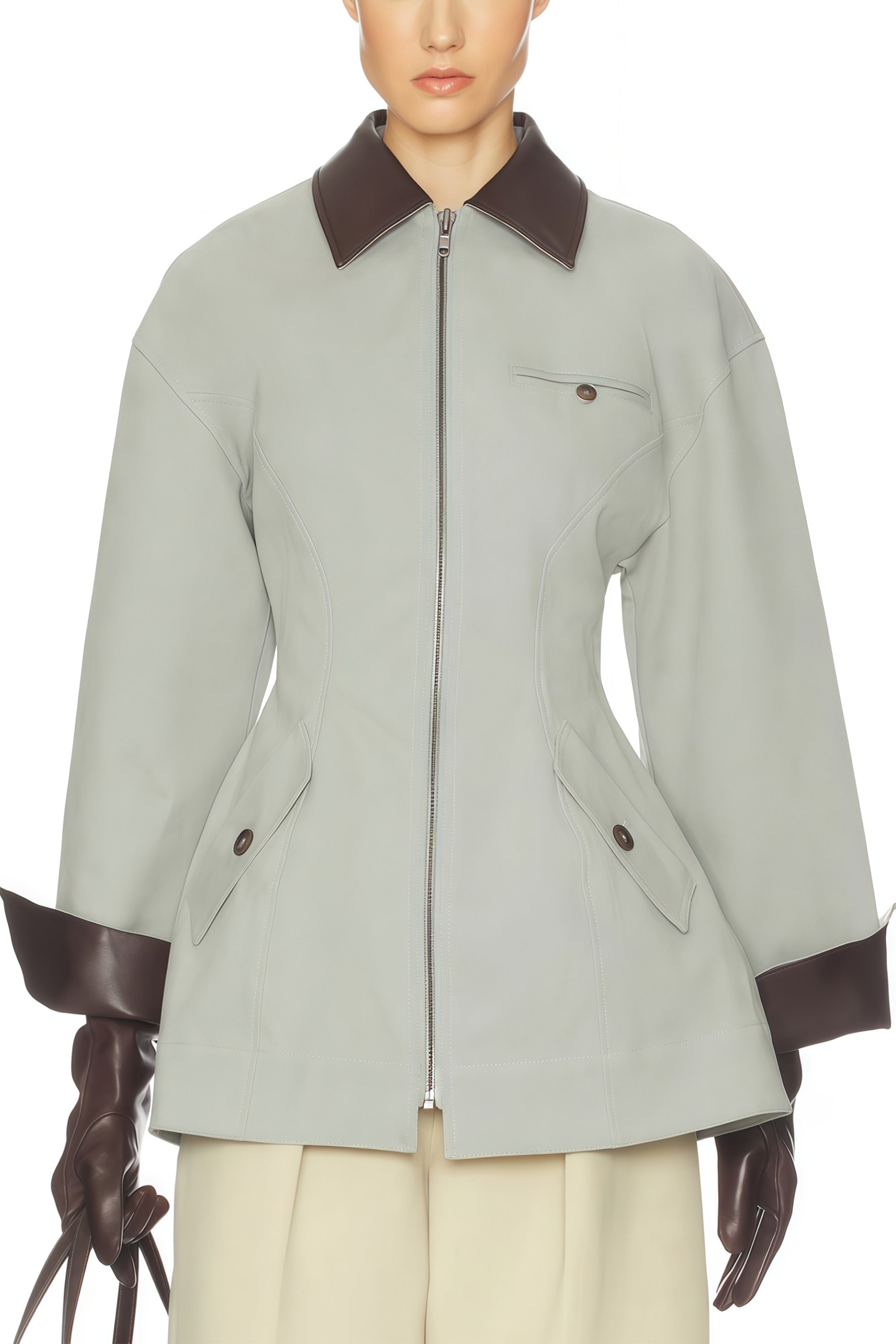Vilma Grey Leather Collar Hunting Jacket