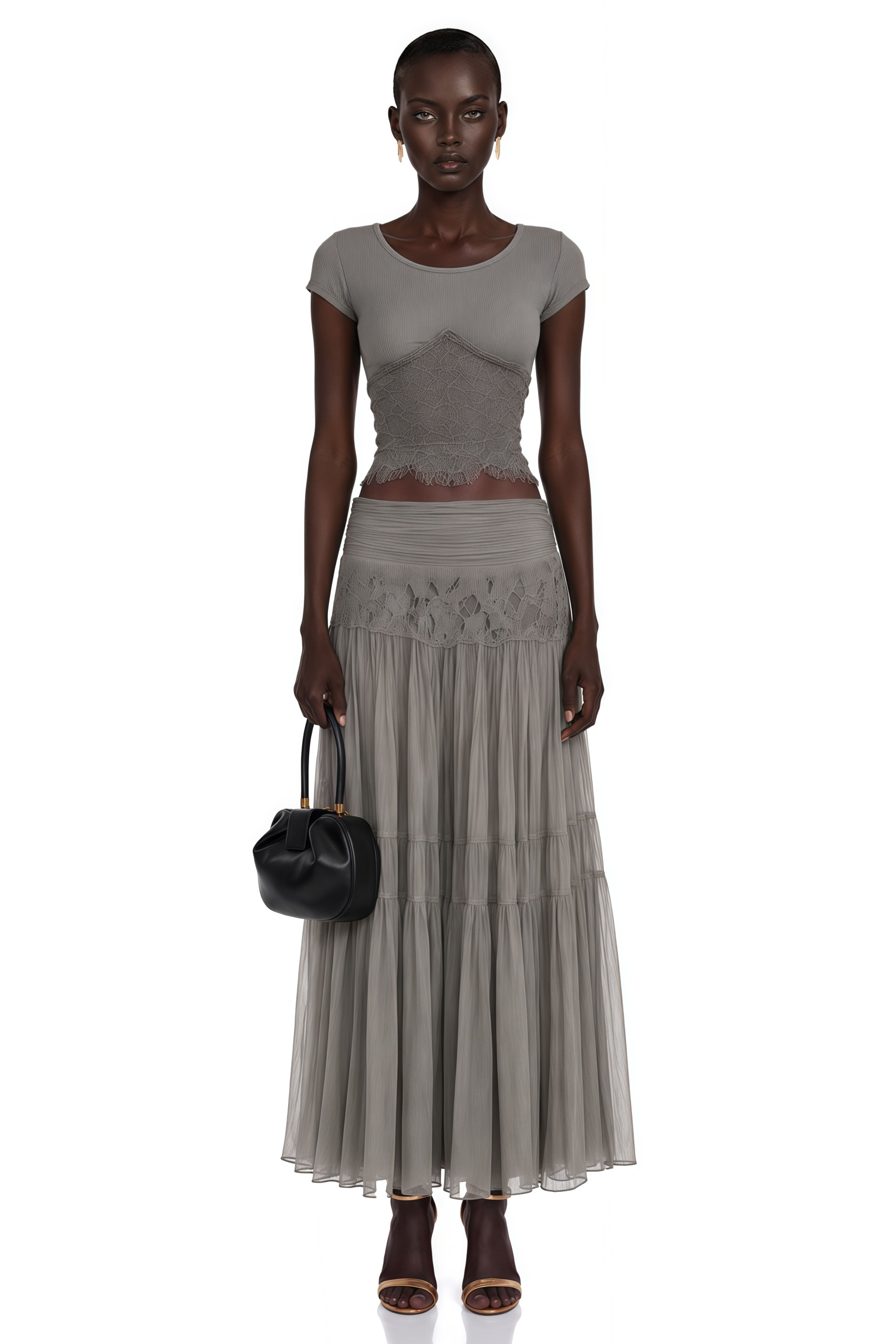 Haast Grey Knit Top & Lace Panel Skirt Set