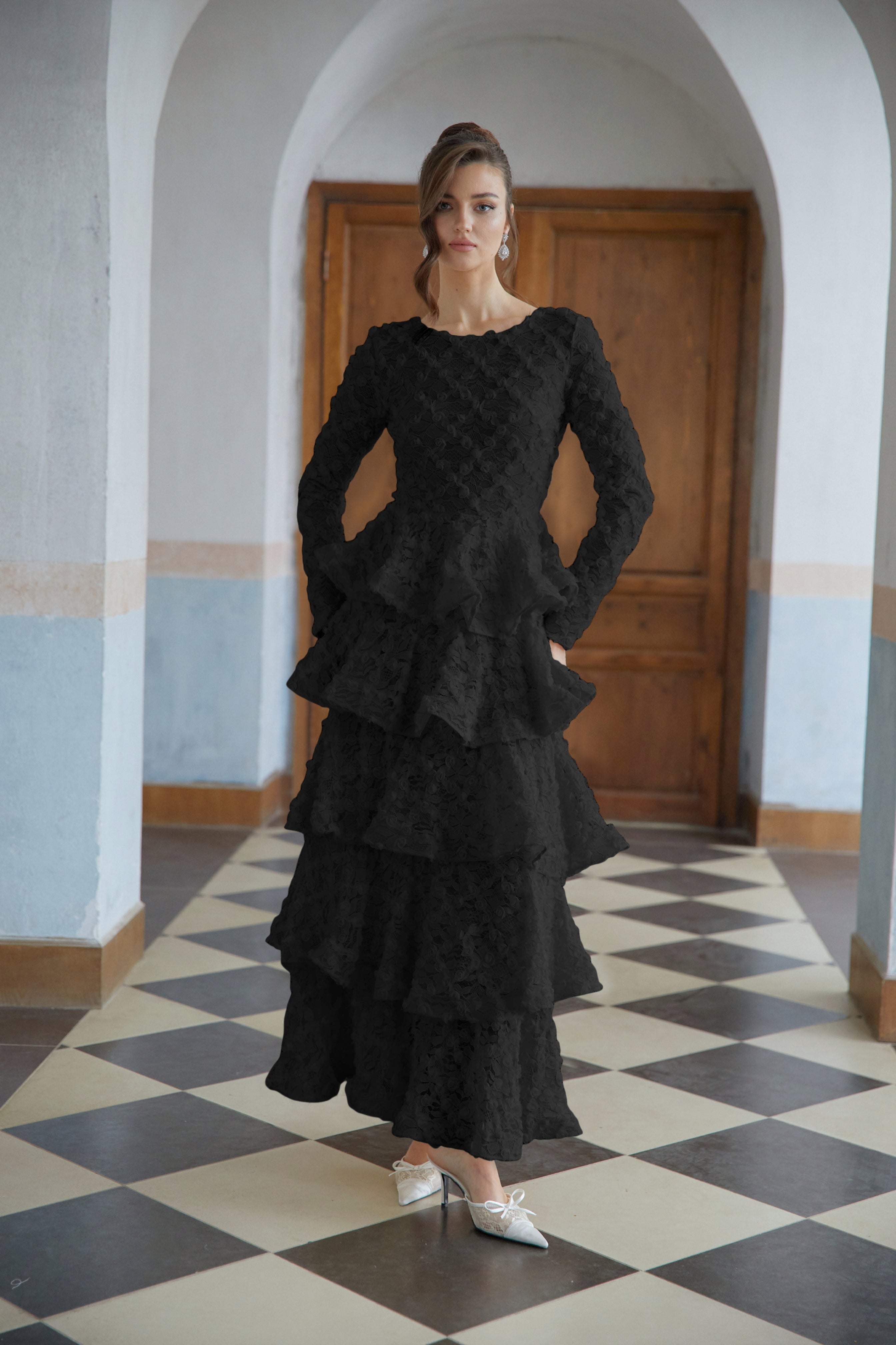 Halla Black Tiered Floral Lace Maxi Dress