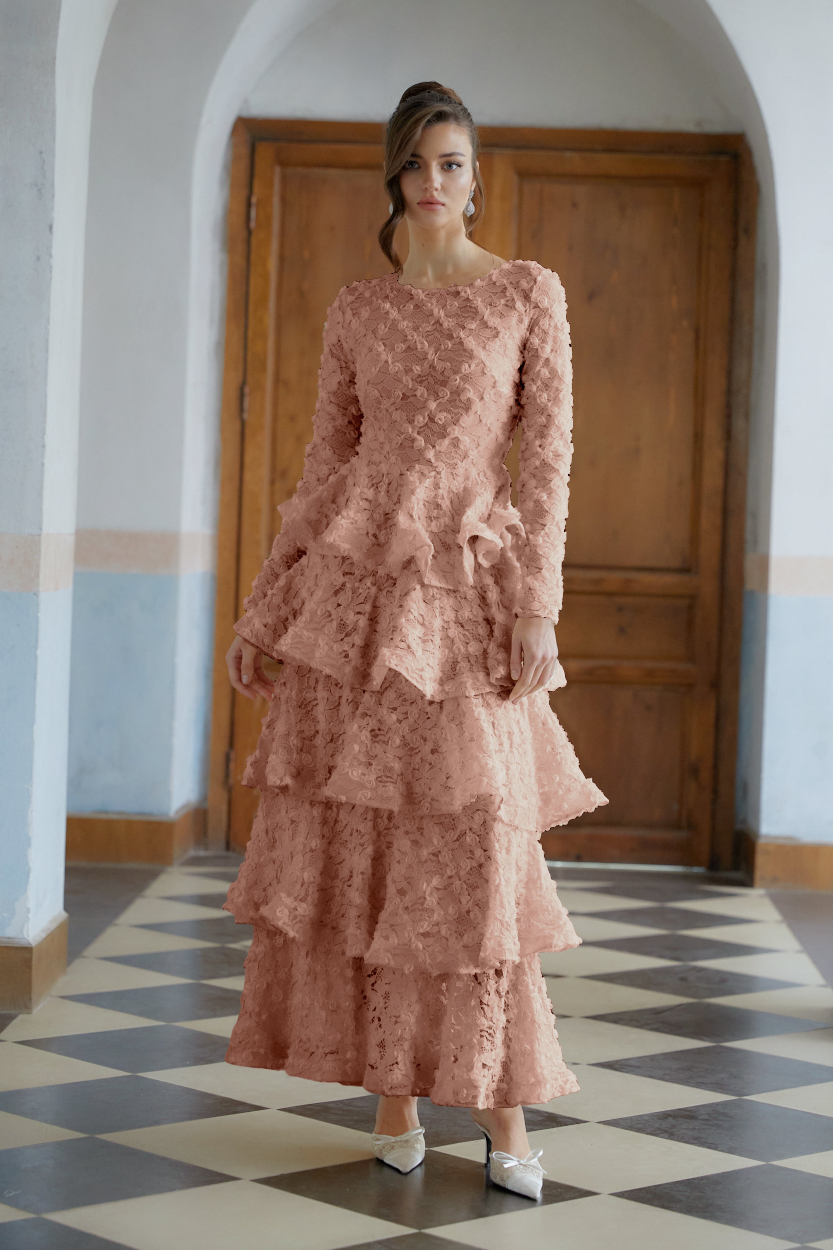 Halla Pink Tiered Floral Lace Maxi Dress (Final Sale-US Only)