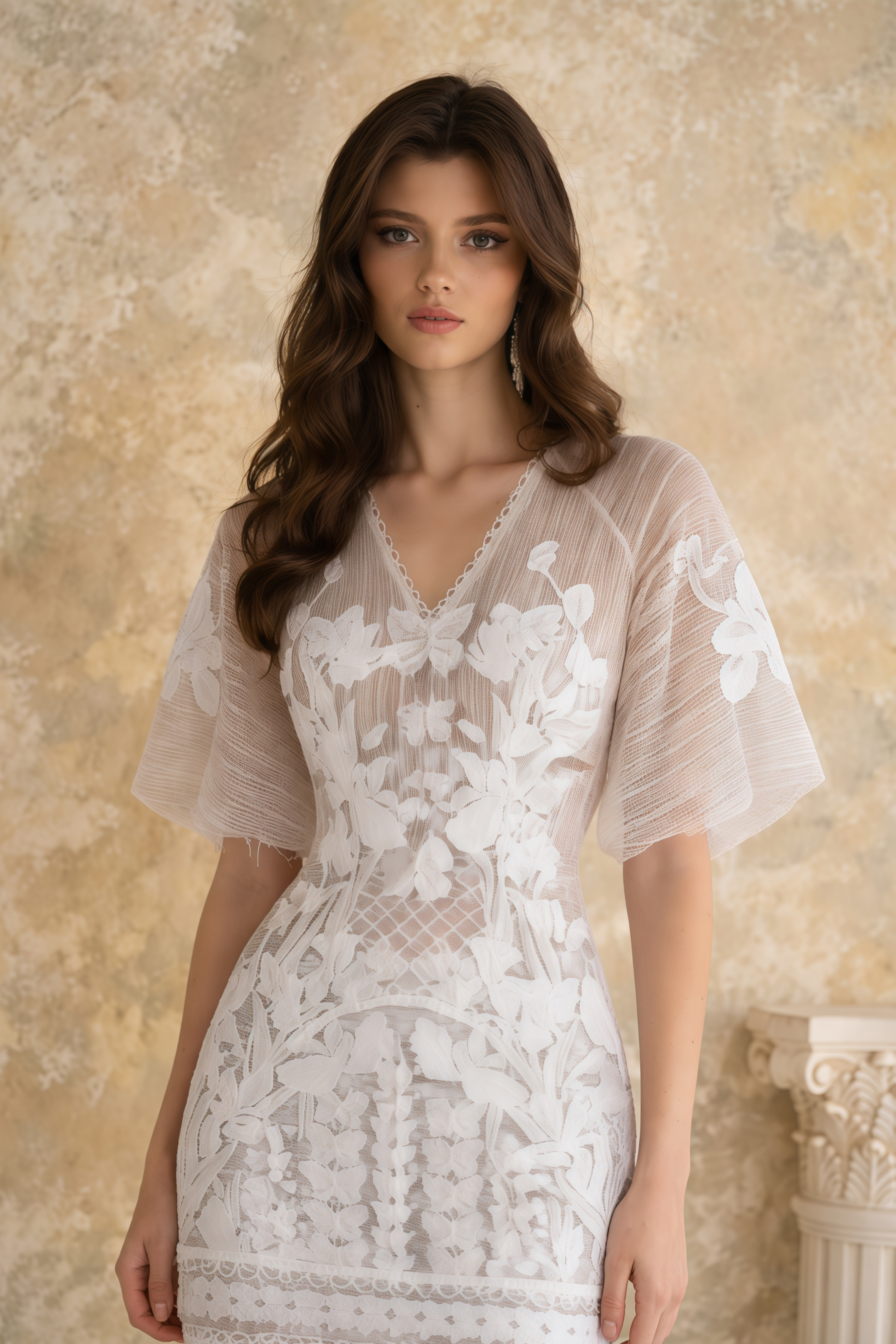 Halsey Neutral Lace Mini Dress with Butterfly Appliqué