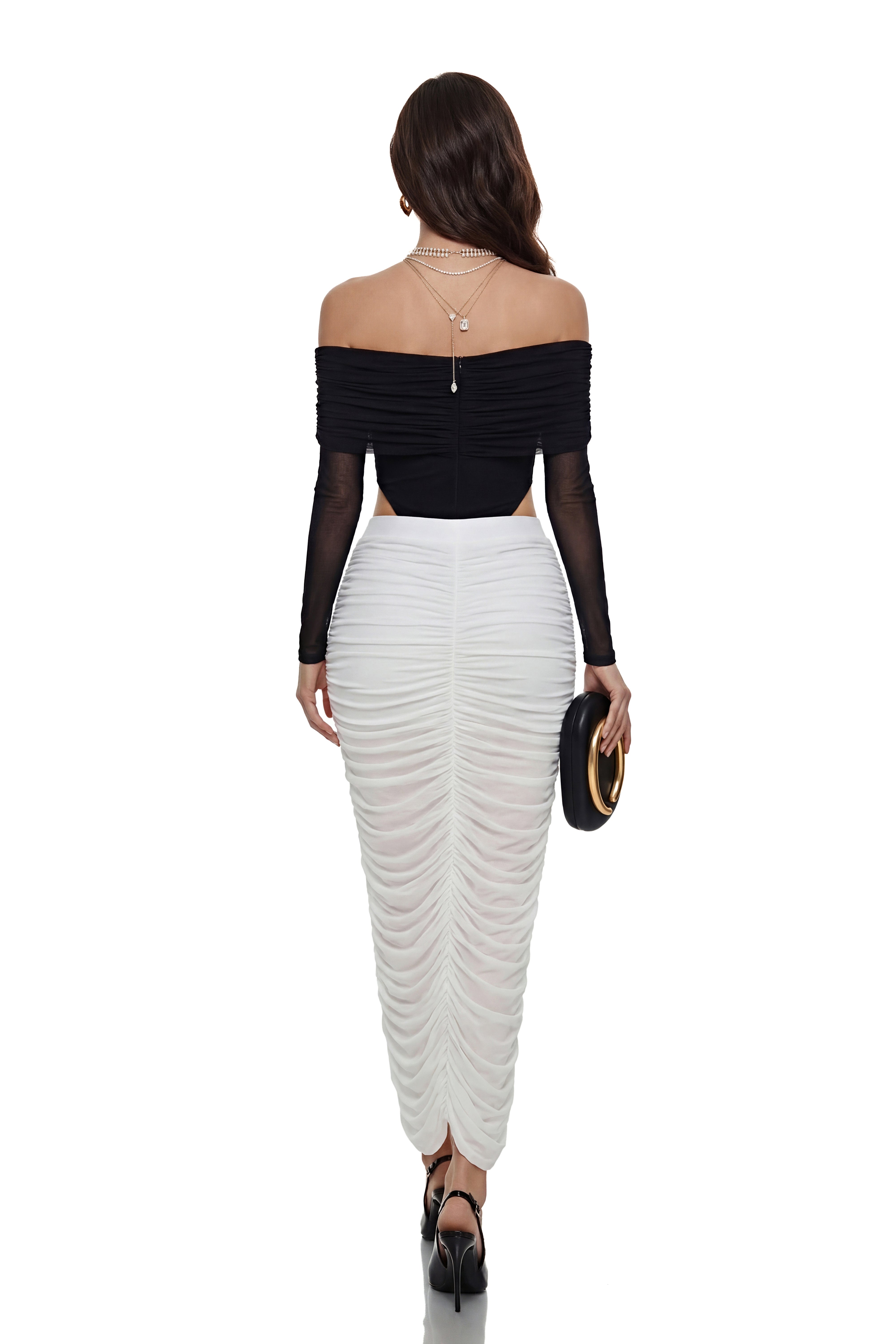 Hanna Black Off Shoulder Top & Ruched Skirt Set
