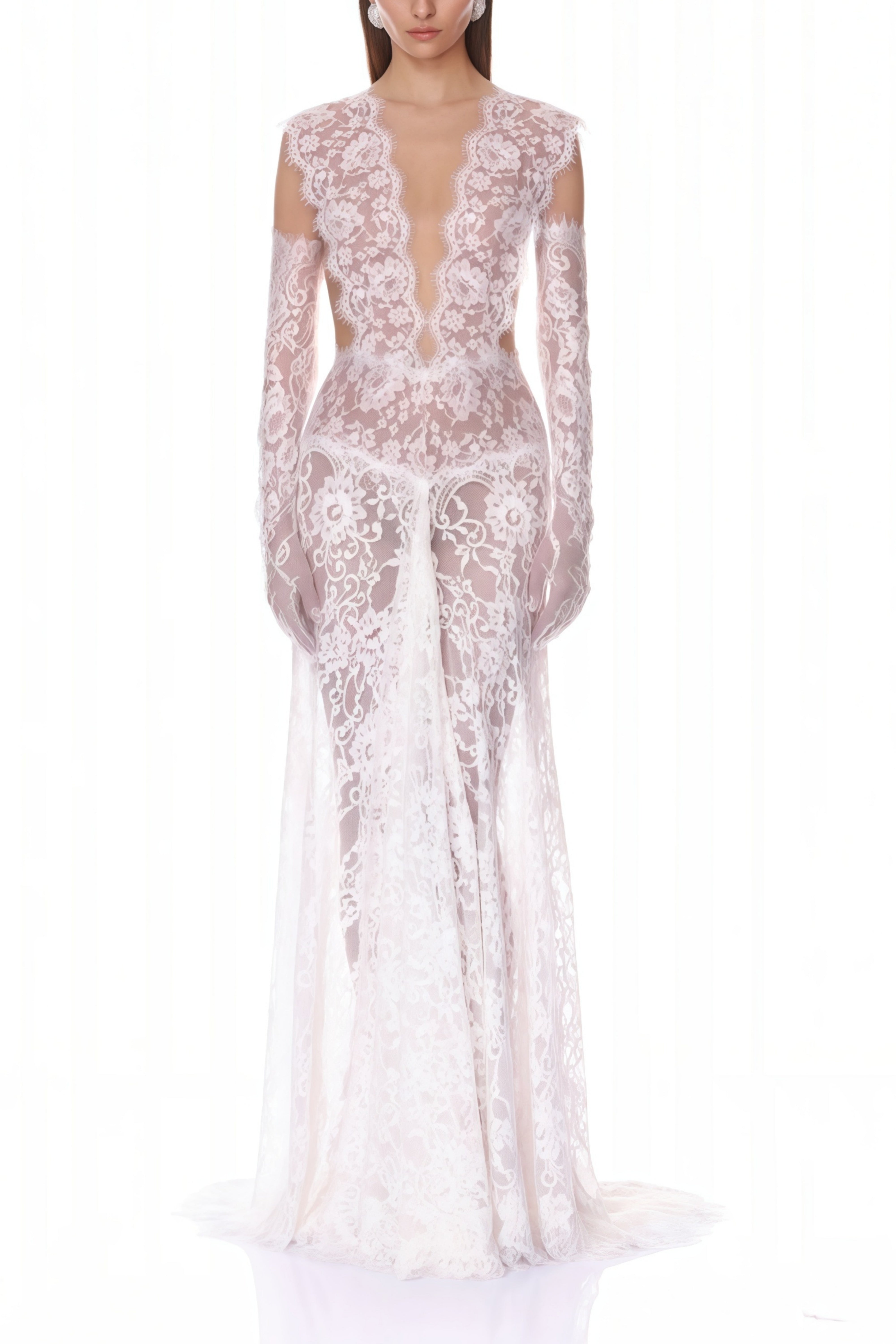 Hanna White Sheer Lace Maxi Dress with Deep V-Neck (Without Gloves) (Final Sale-US Only)
