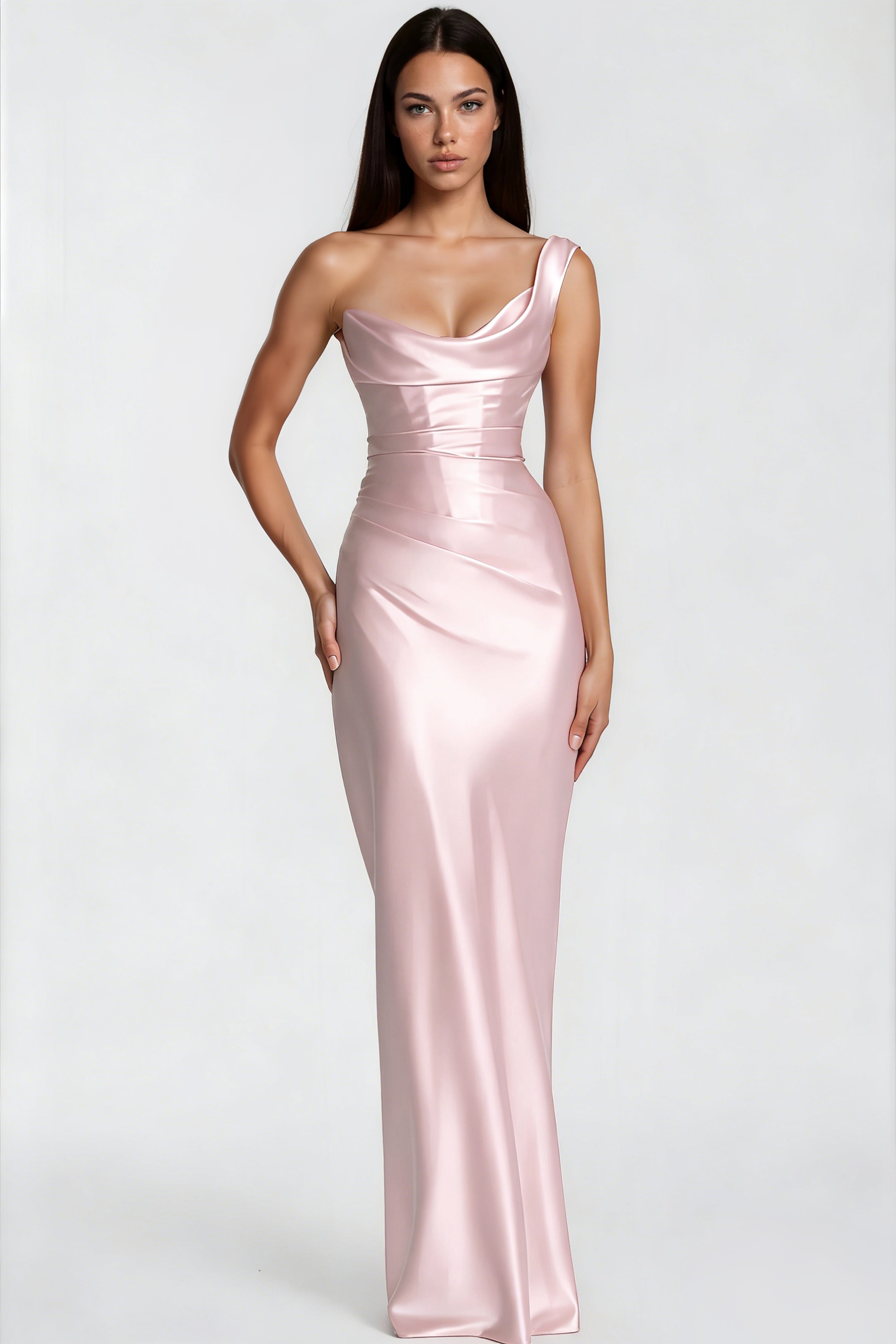 Hannah Pink One Shoulder Satin Maxi Dress