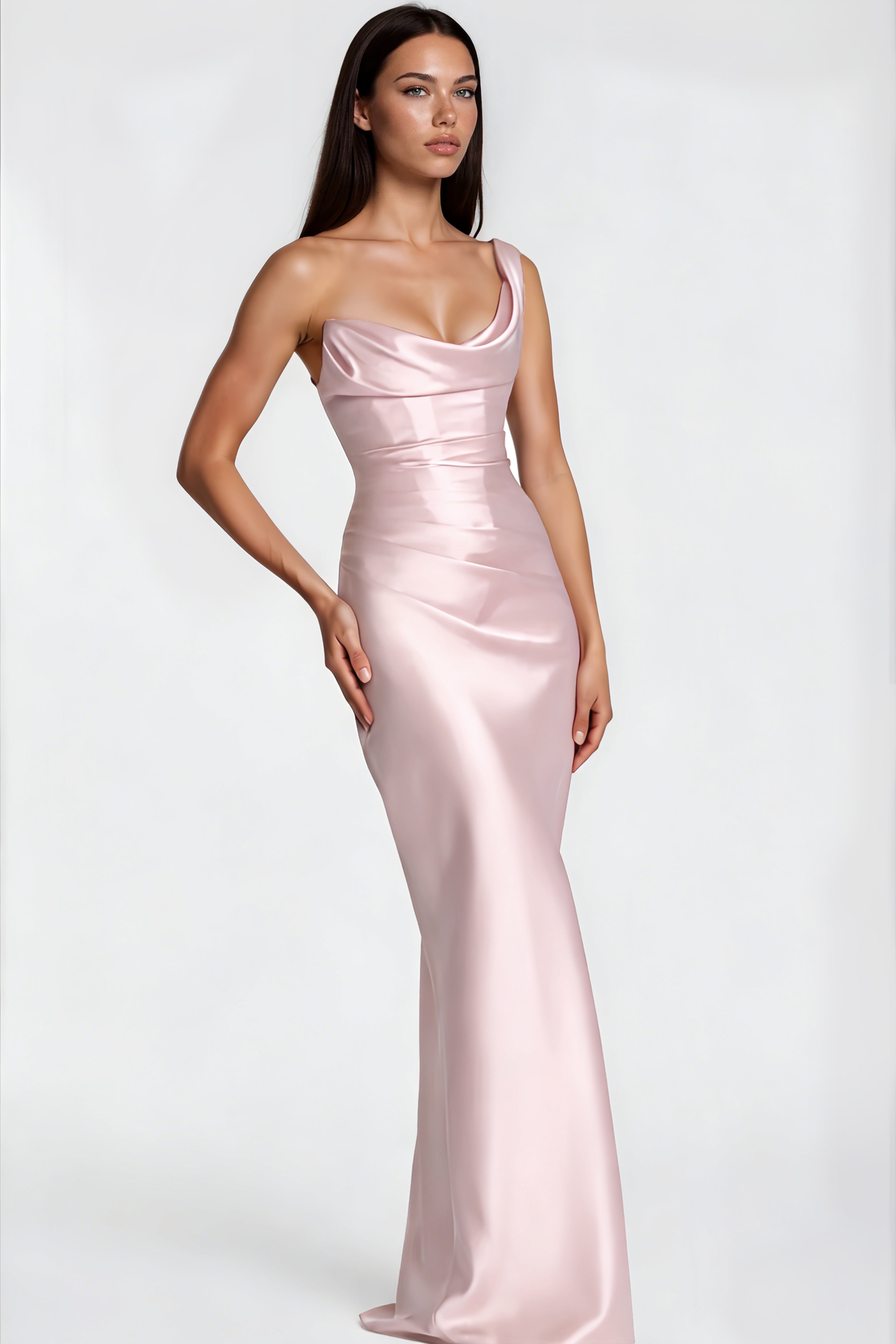 Hannah Pink One Shoulder Satin Maxi Dress