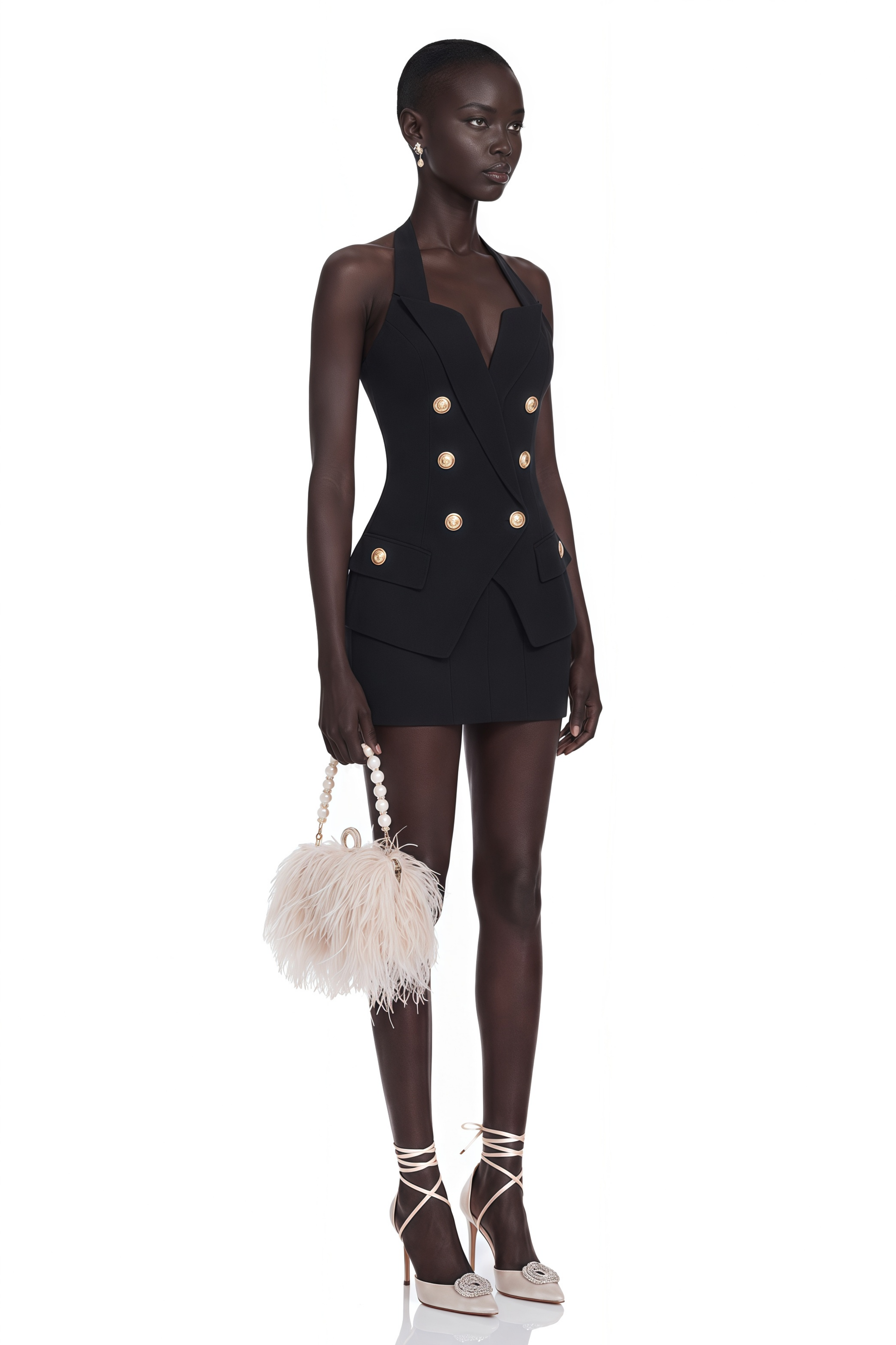 Harper Black Tailored Double-breasted Halterneck Top