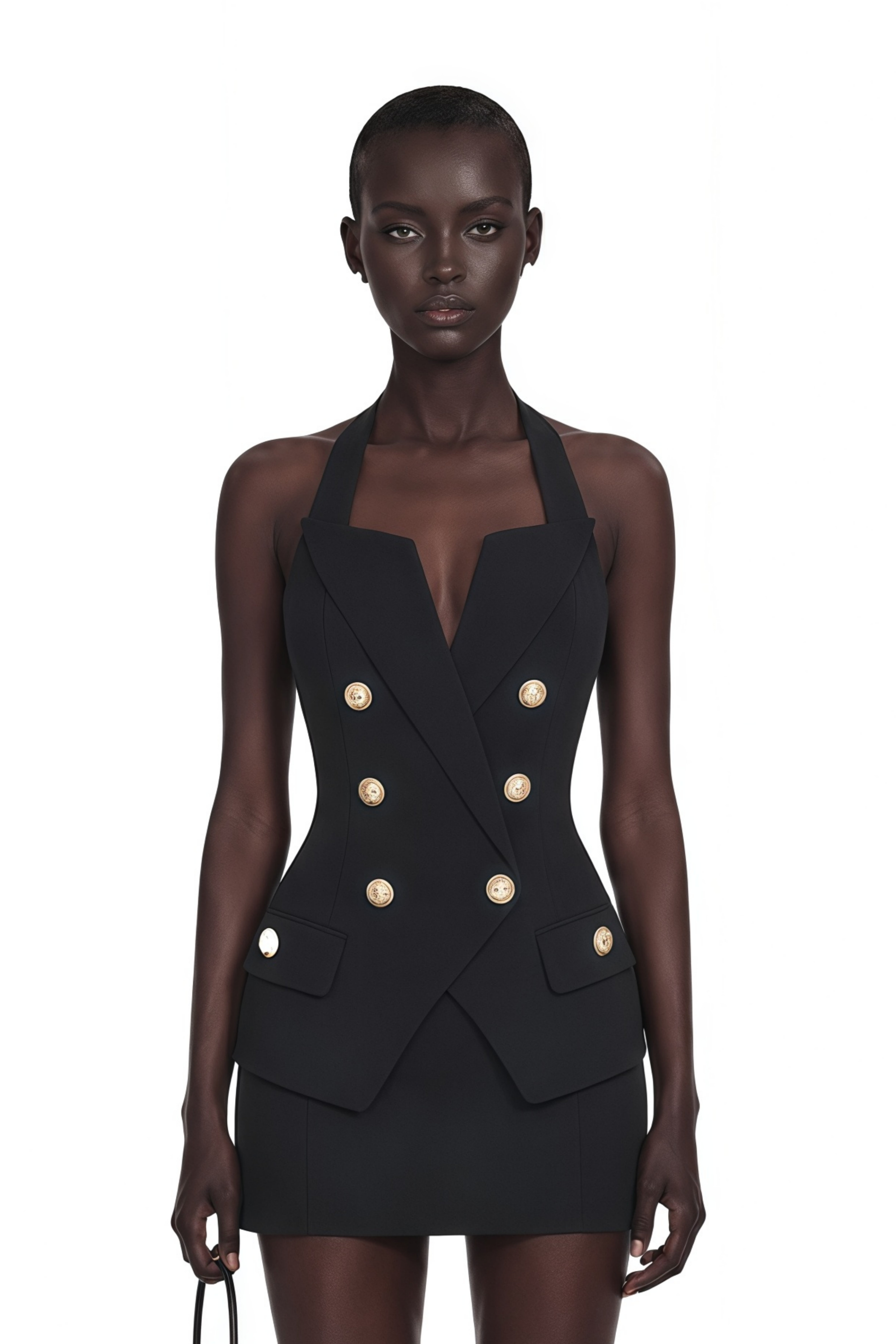 Harper Black Tailored Double-breasted Halterneck Top