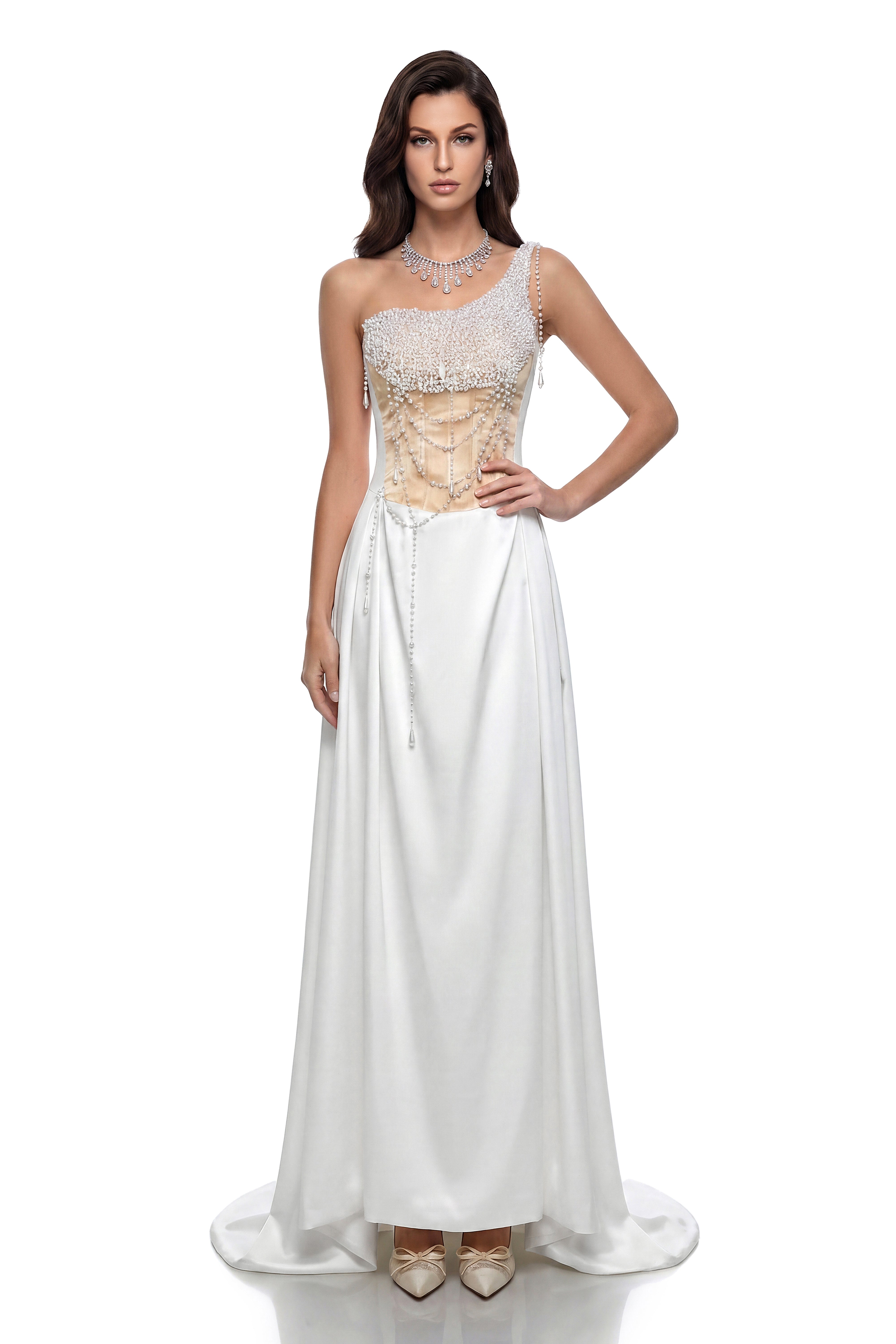 Hasti Cream White Ruched Maxi Dress with Chain Detail