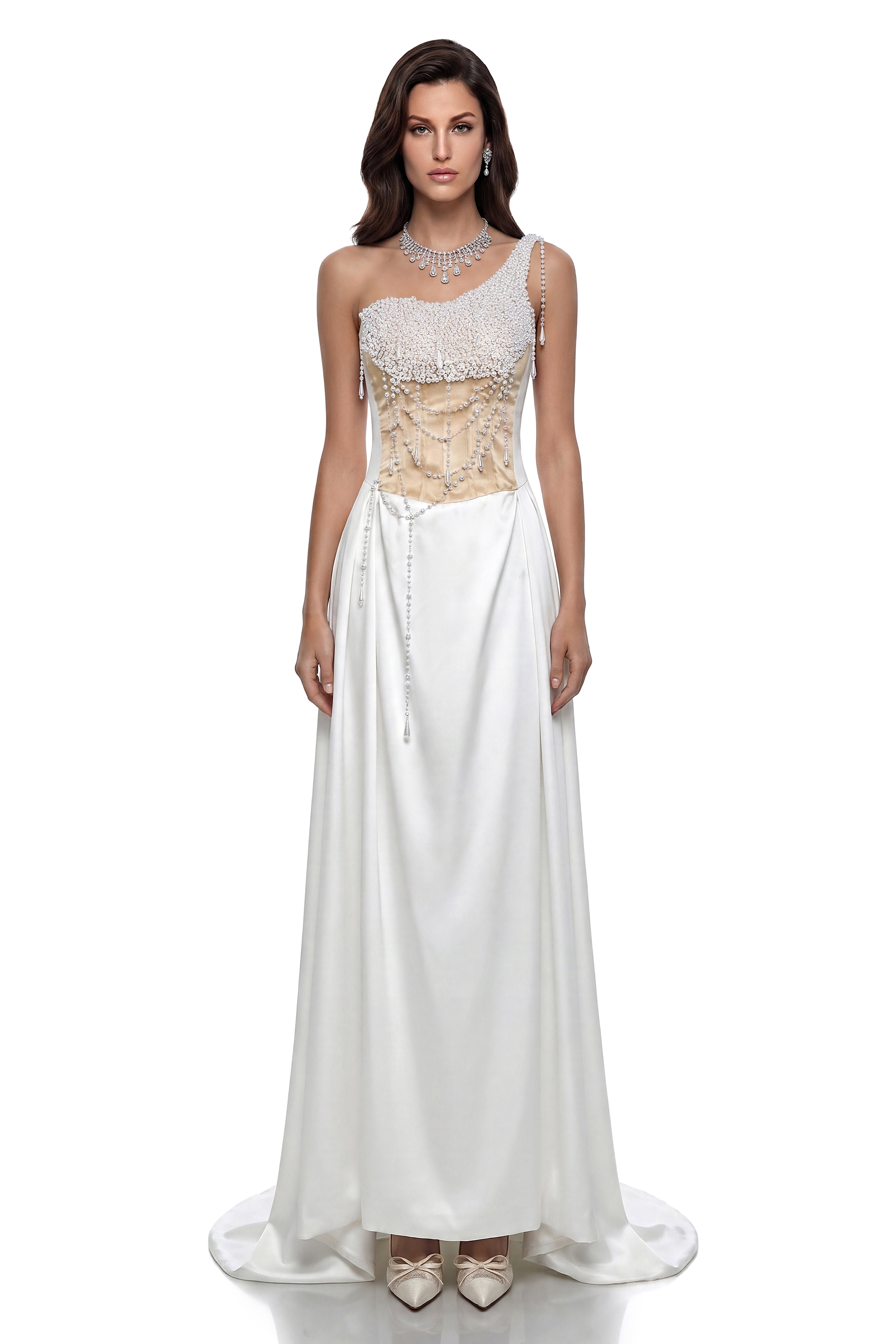 Hasti Cream White Ruched Maxi Dress with Chain Detail