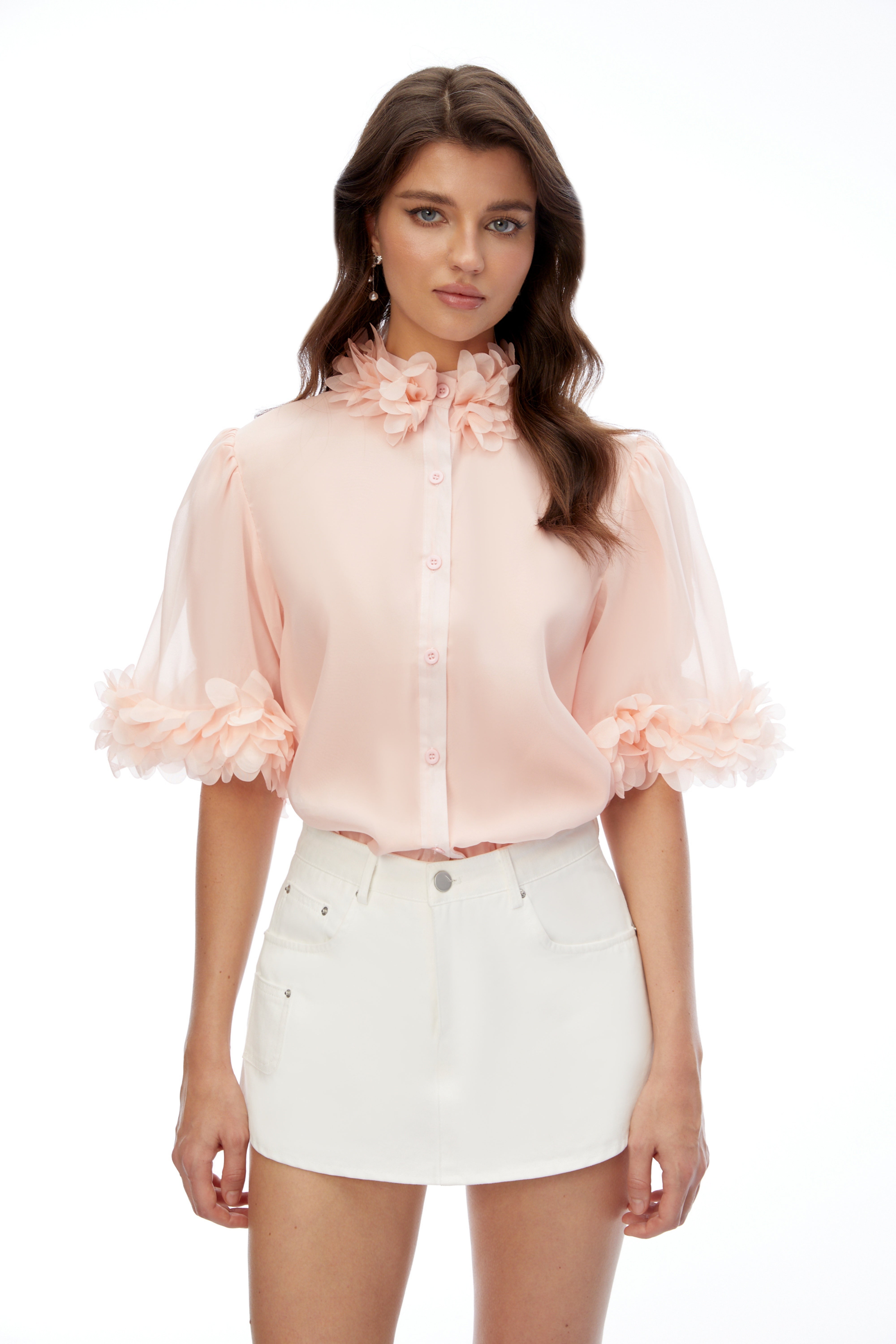 Hattie Pink Short Sleeve Blouse with 3D Florals