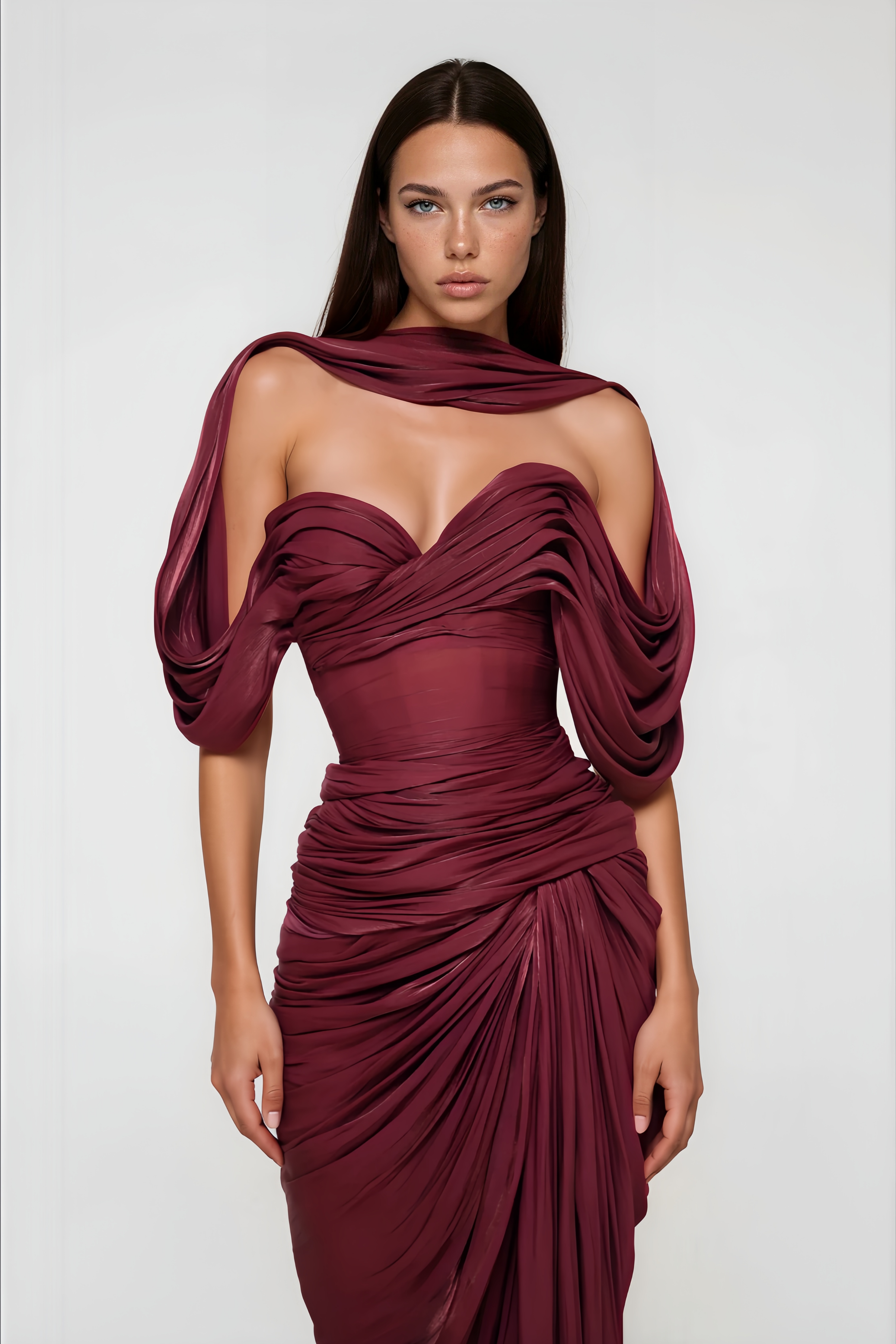Hazel Burgundy Asymmetrical Draped Maxi Dress