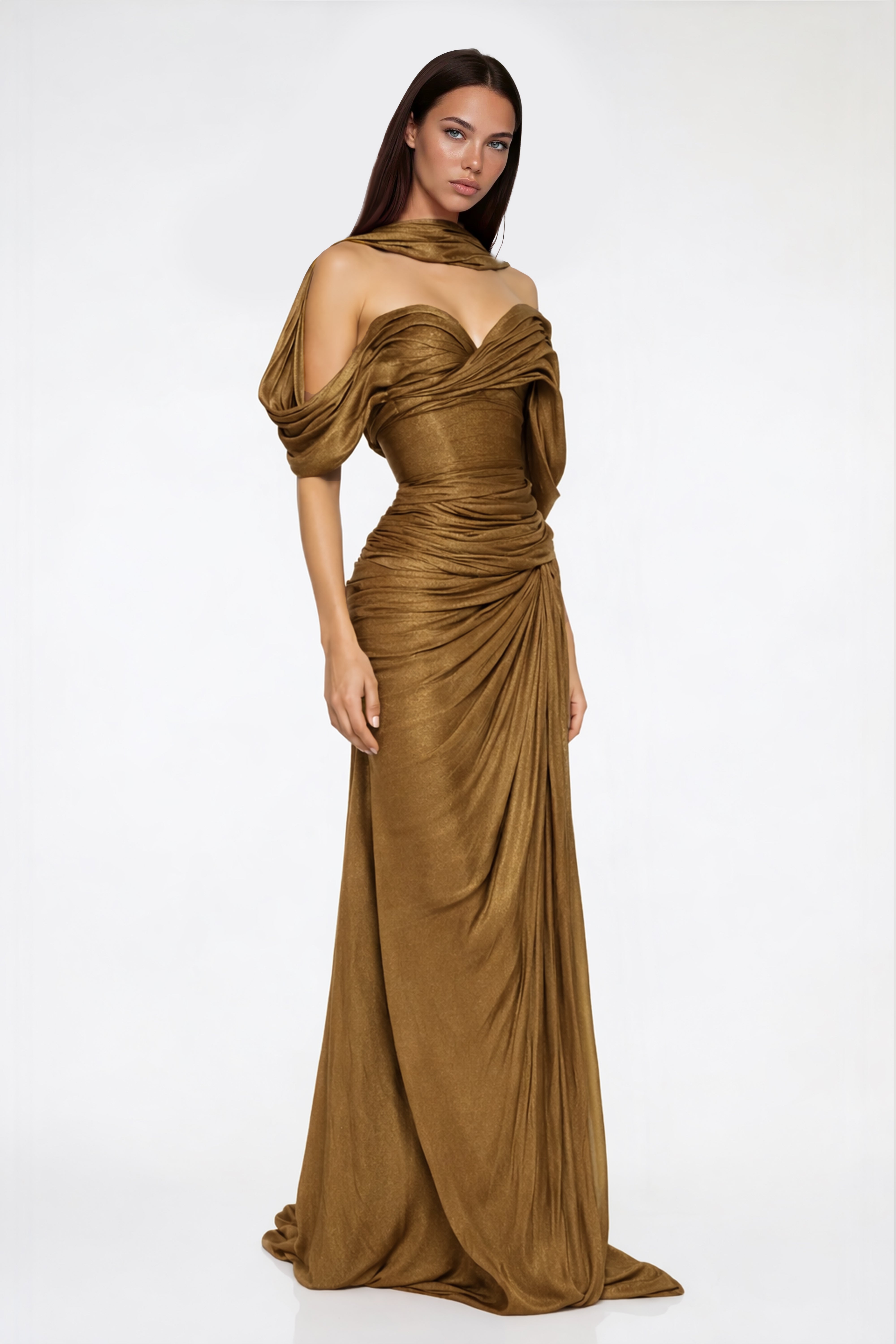 Hazel Gold Asymmetrical Draped Maxi Dress