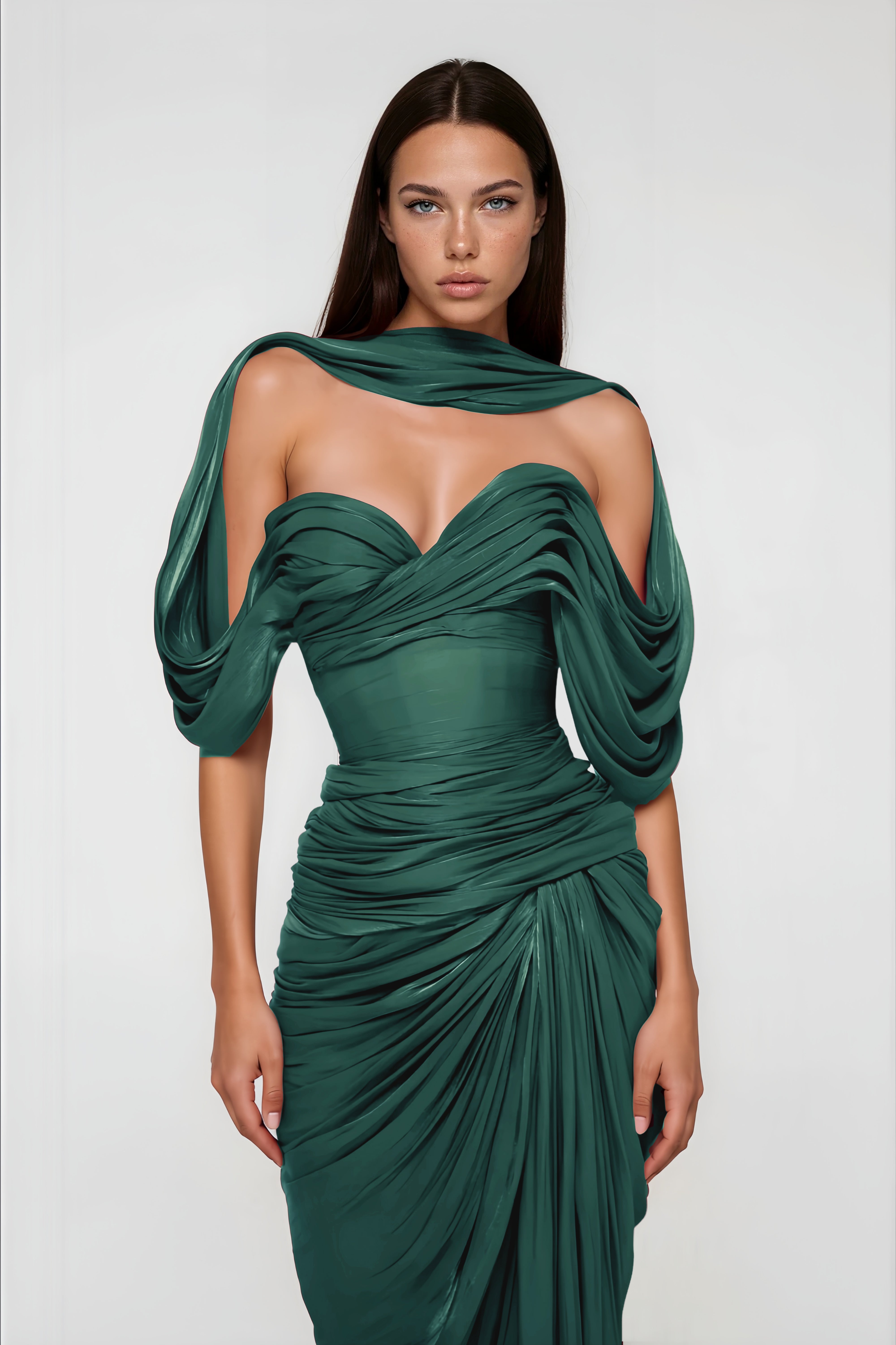 Hazel Green Asymmetrical Draped Maxi Dress