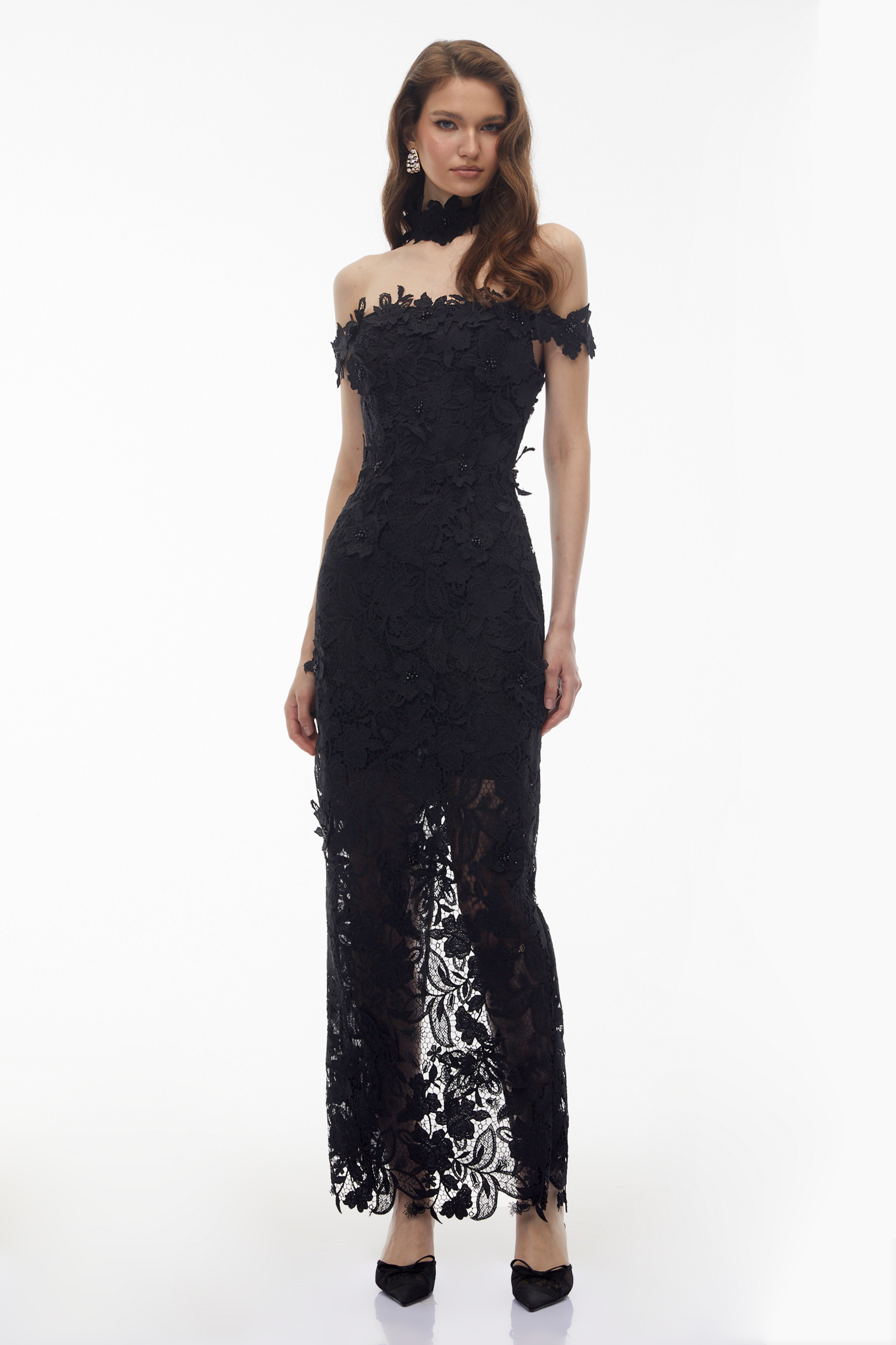 Hecate Black Beaded Lace Maxi Dress with 3D Florals (Final Sale-US Only)