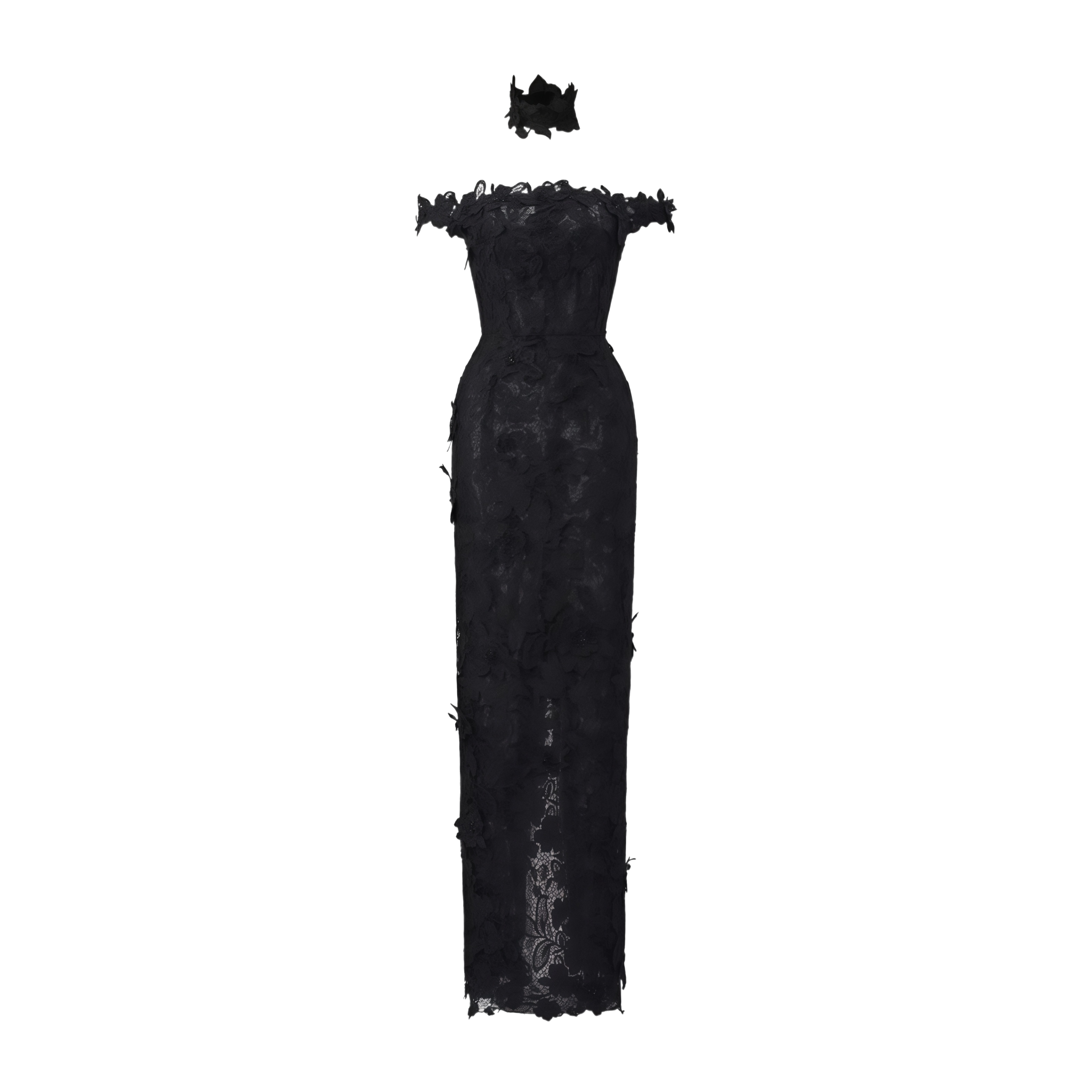 Hecate Black Beaded Lace Maxi Dress with 3D Florals