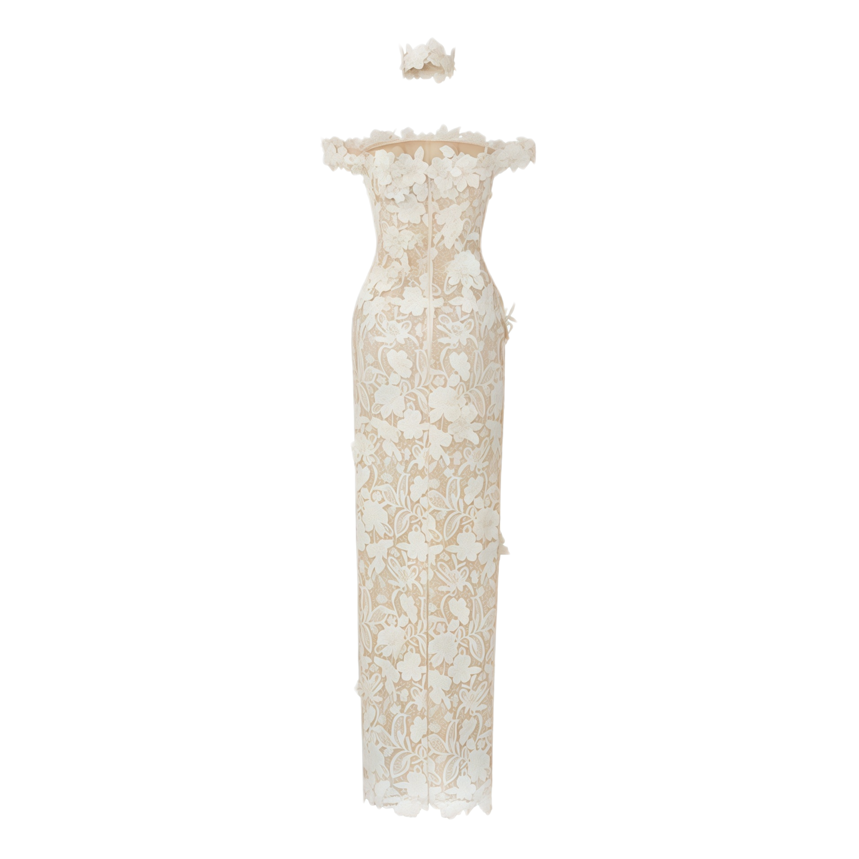 Hecate White Beaded Lace Maxi Dress with 3D Florals