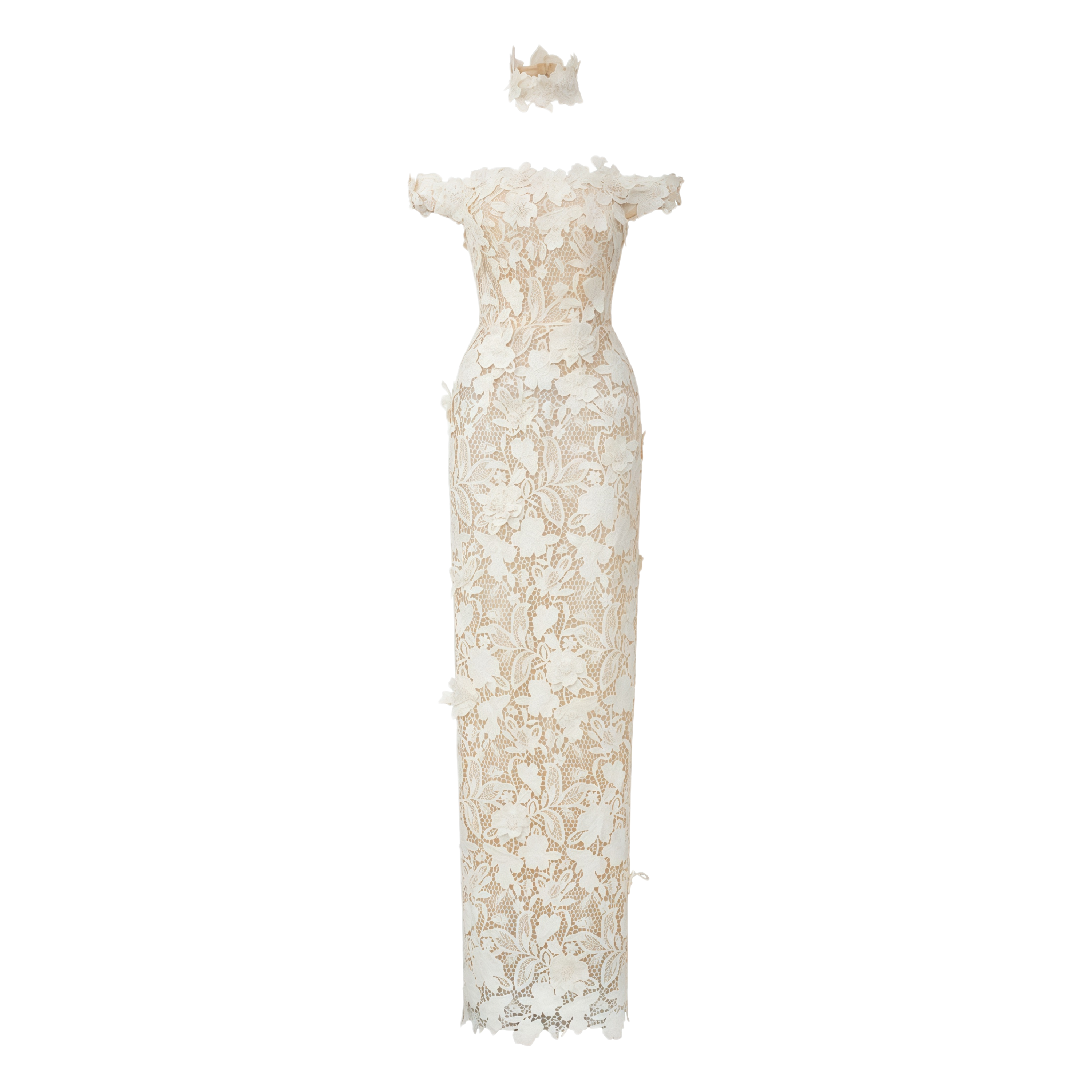 Hecate White Beaded Lace Maxi Dress with 3D Florals