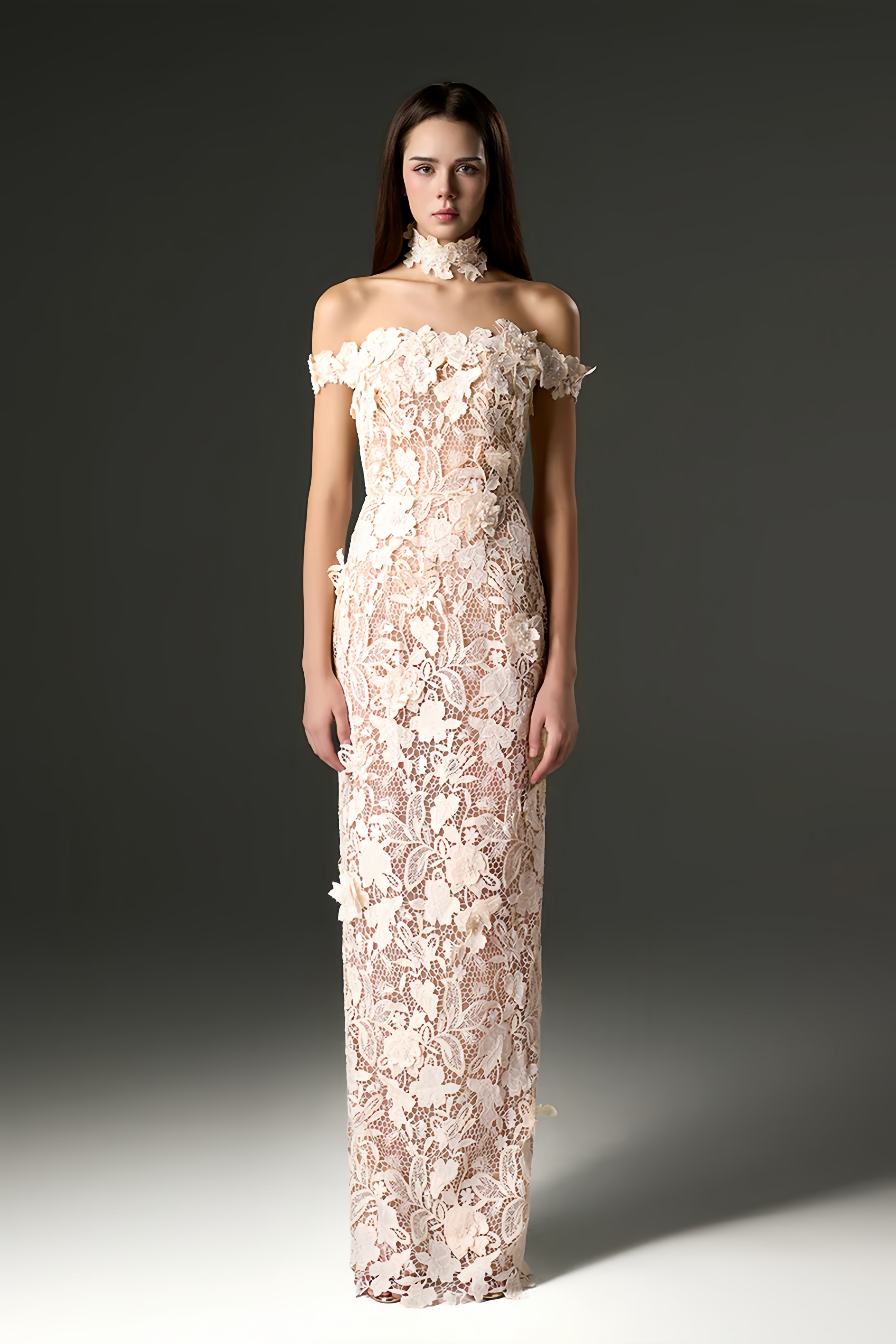 Hecate White Beaded Lace Maxi Dress with 3D Florals