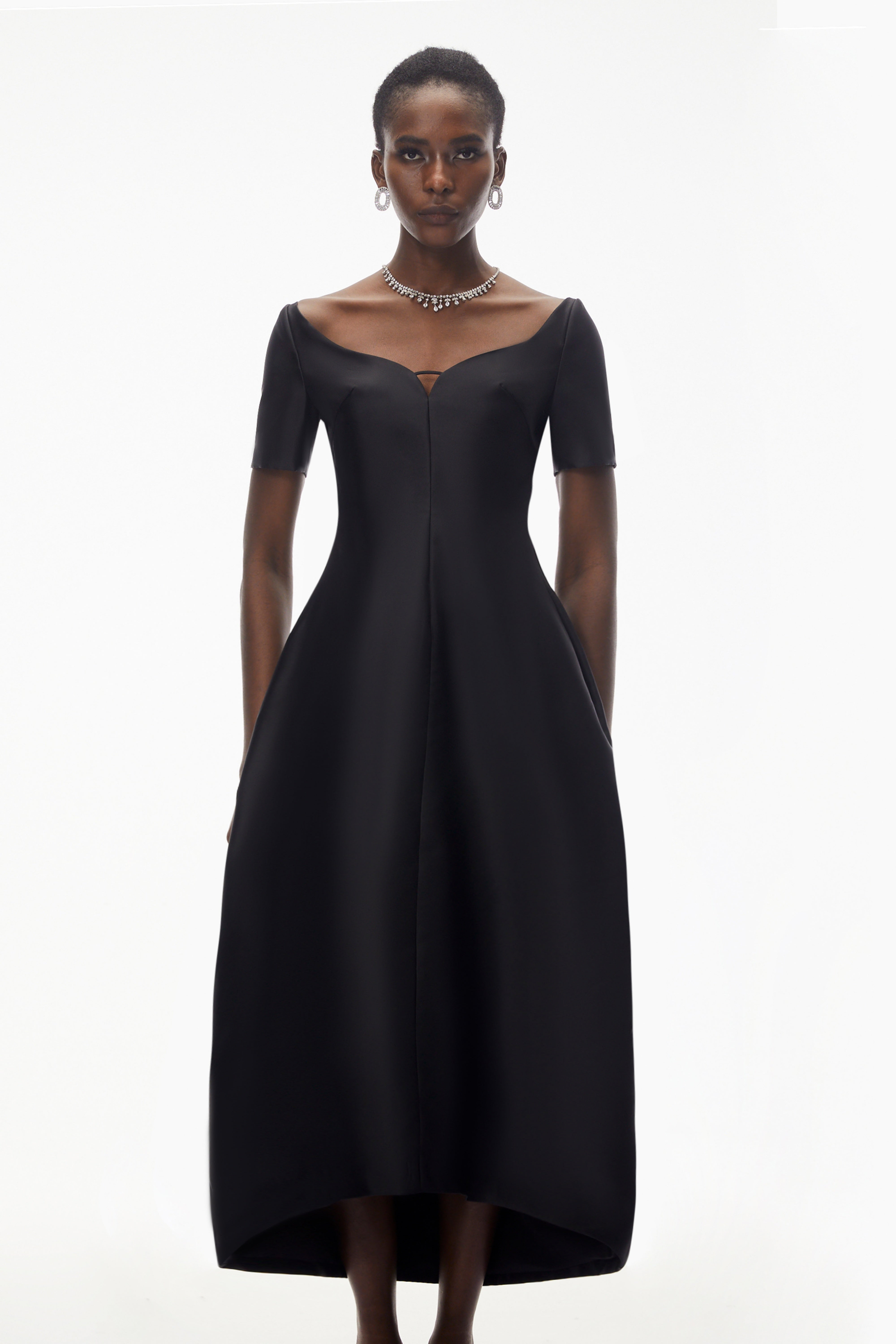 Heidi Black Plunge Neck Asymmetrical Midi Dress
