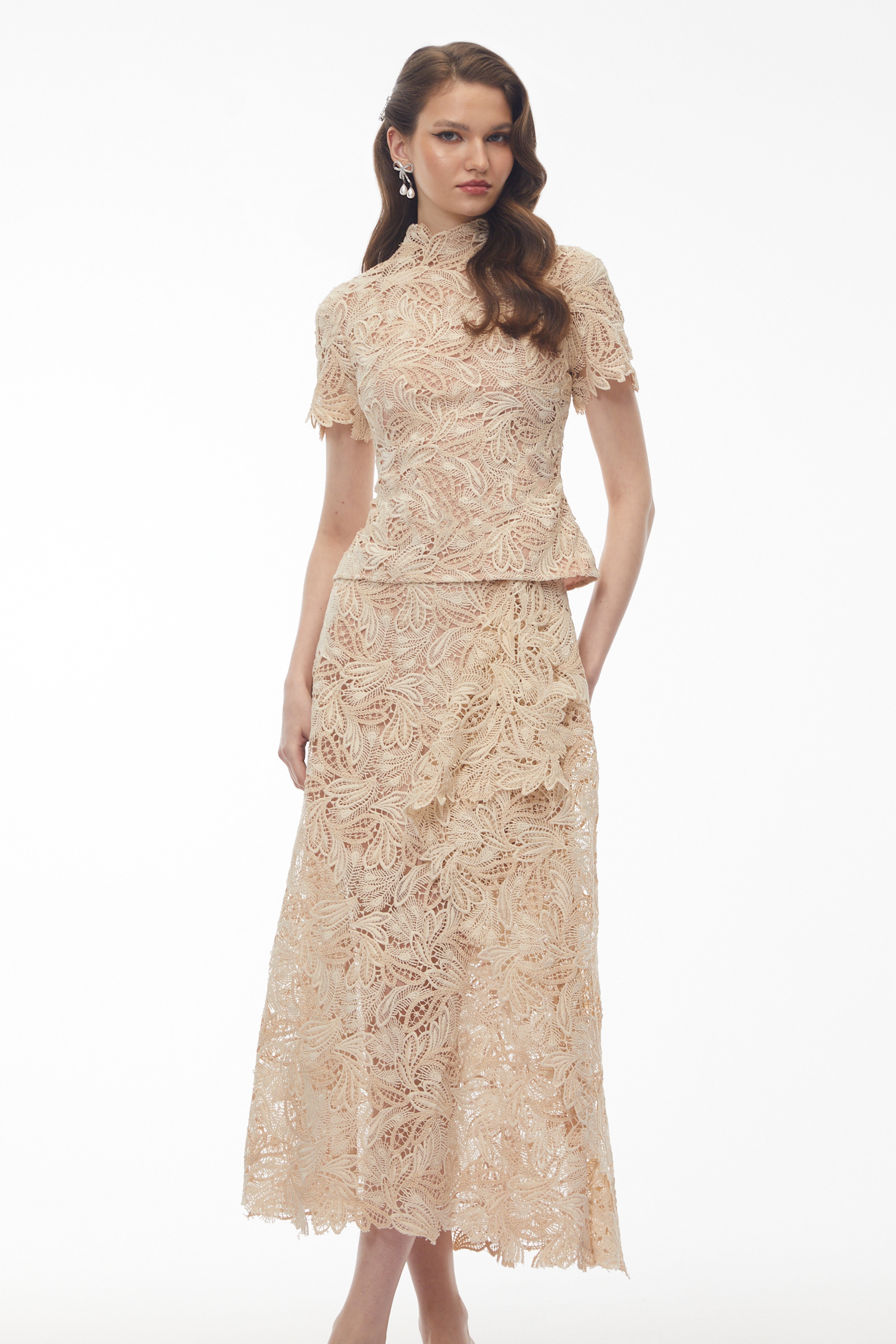 Helena Champagne Floral Lace Blouse & Skirt Set