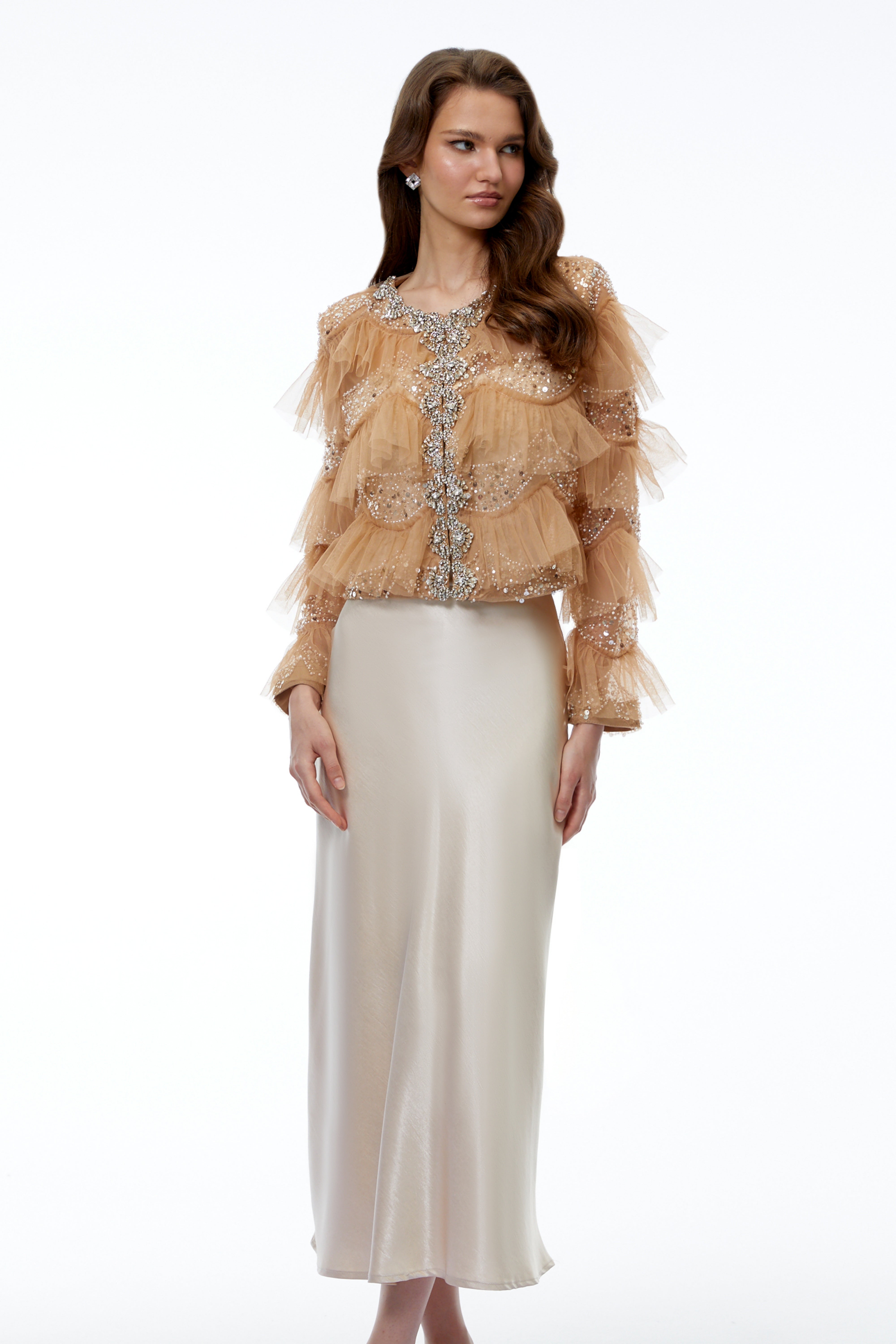 Henare Brown Rhinestone Ruffled Blouse