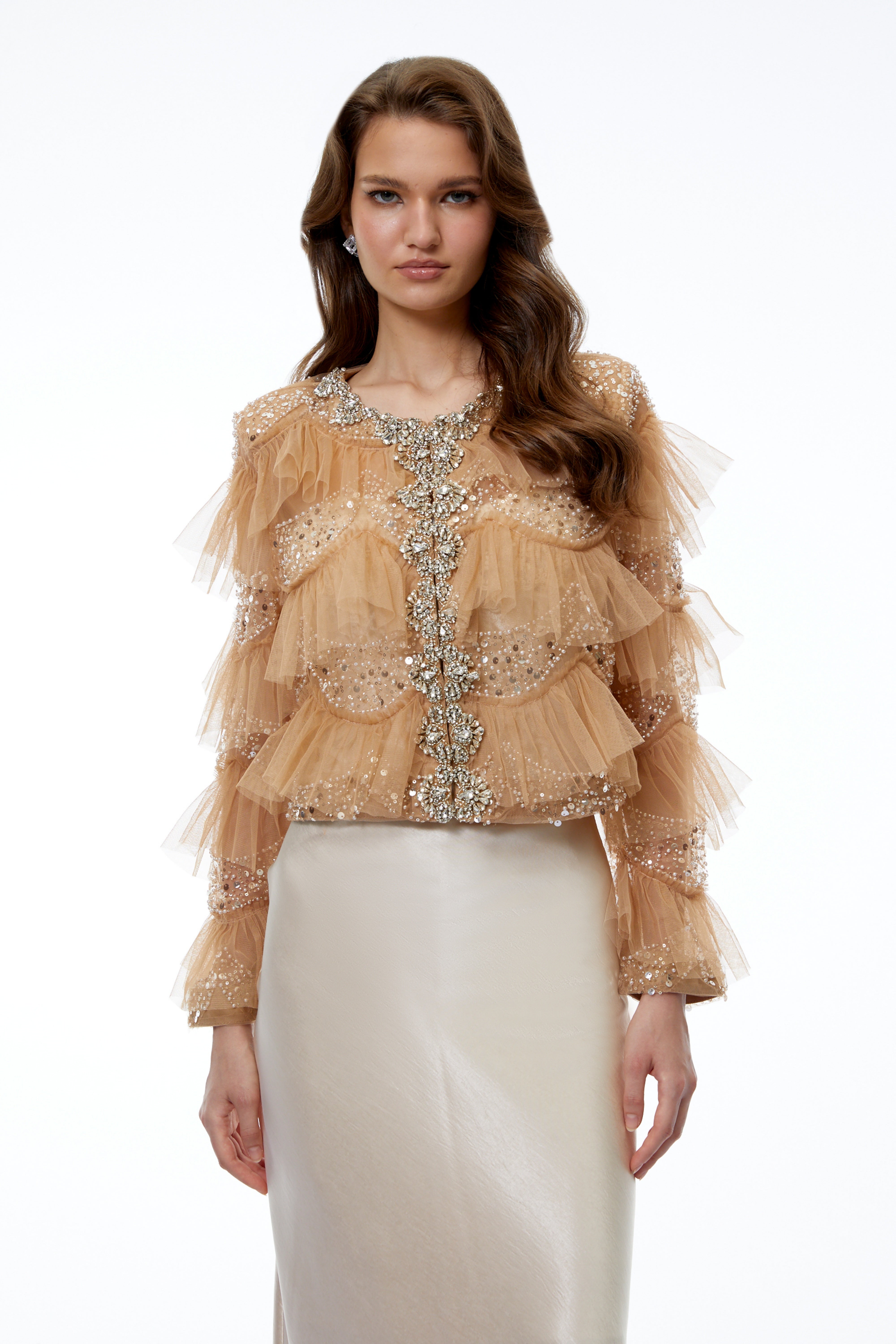 Henare Brown Rhinestone Ruffled Blouse