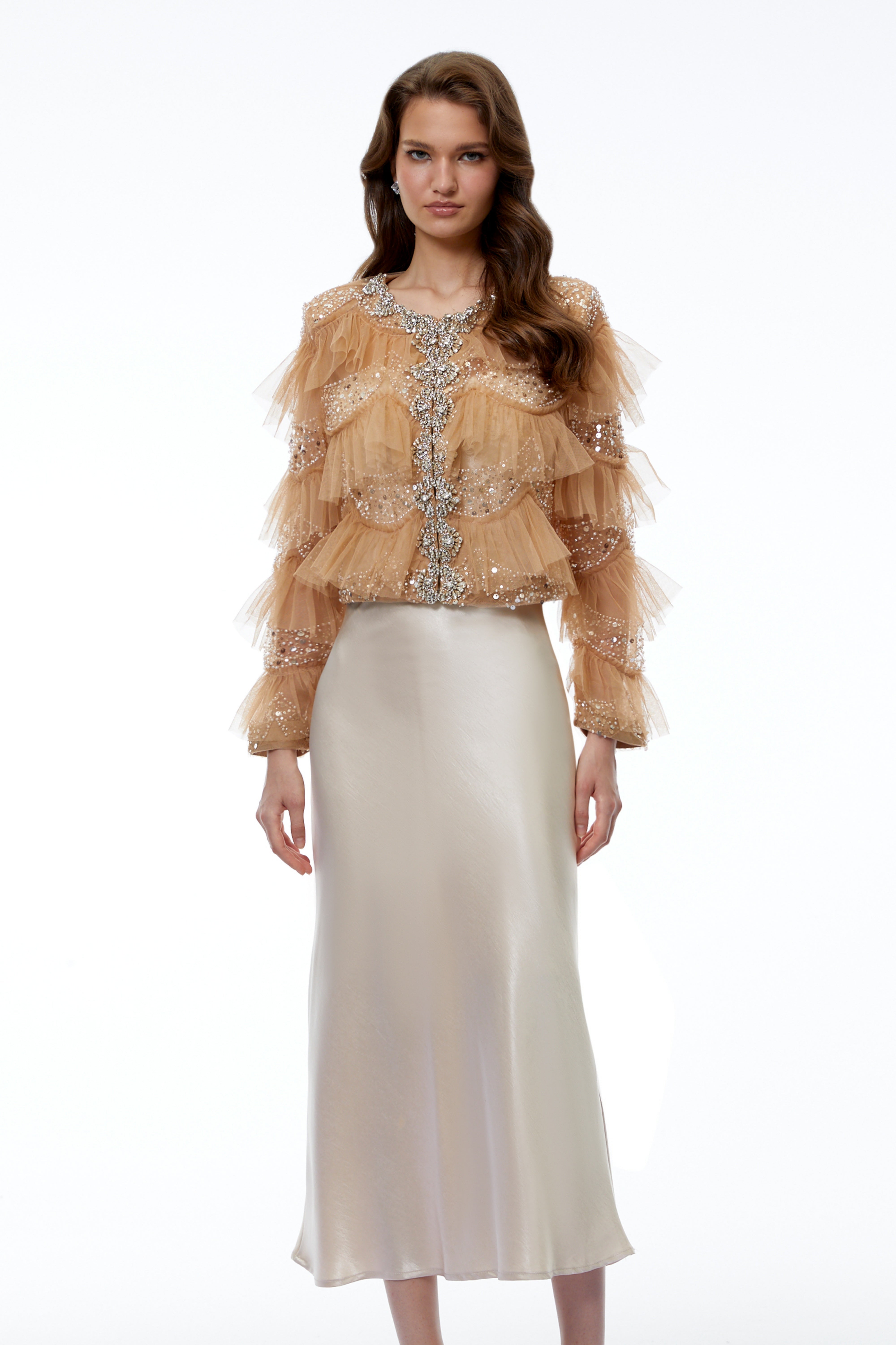 Henare Brown Rhinestone Ruffled Blouse