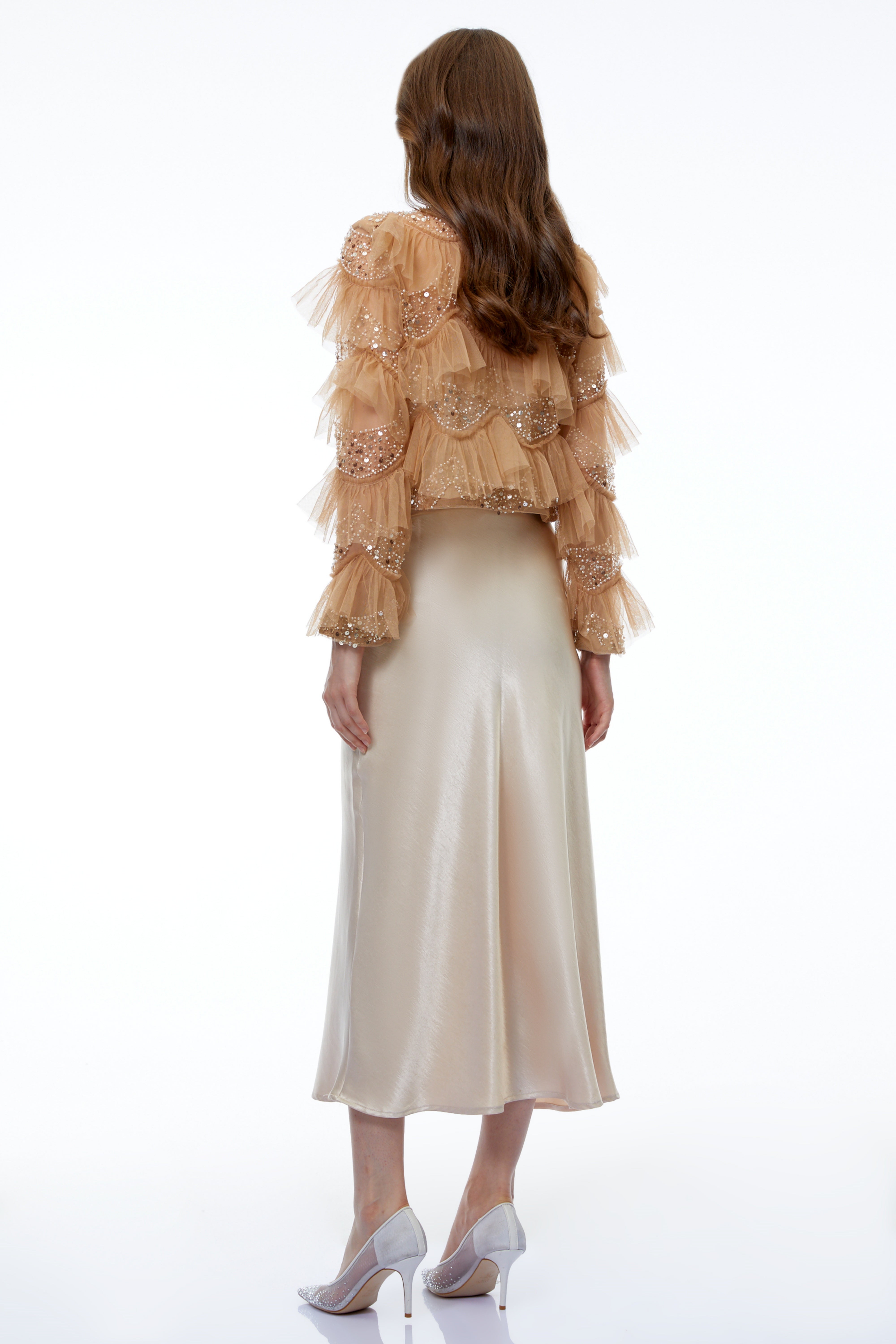 Henare Brown Rhinestone Ruffled Blouse