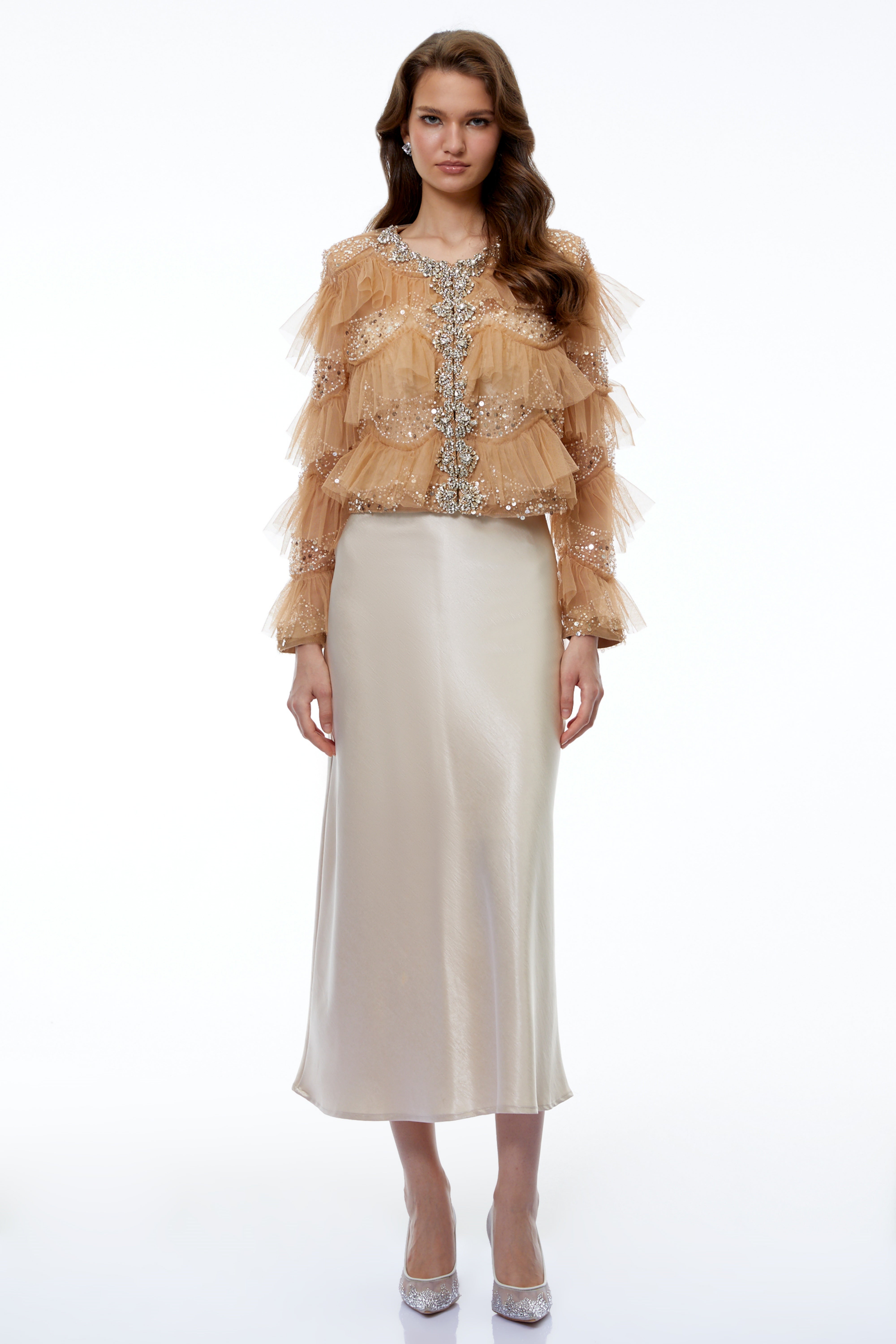 Henare Brown Rhinestone Ruffled Blouse