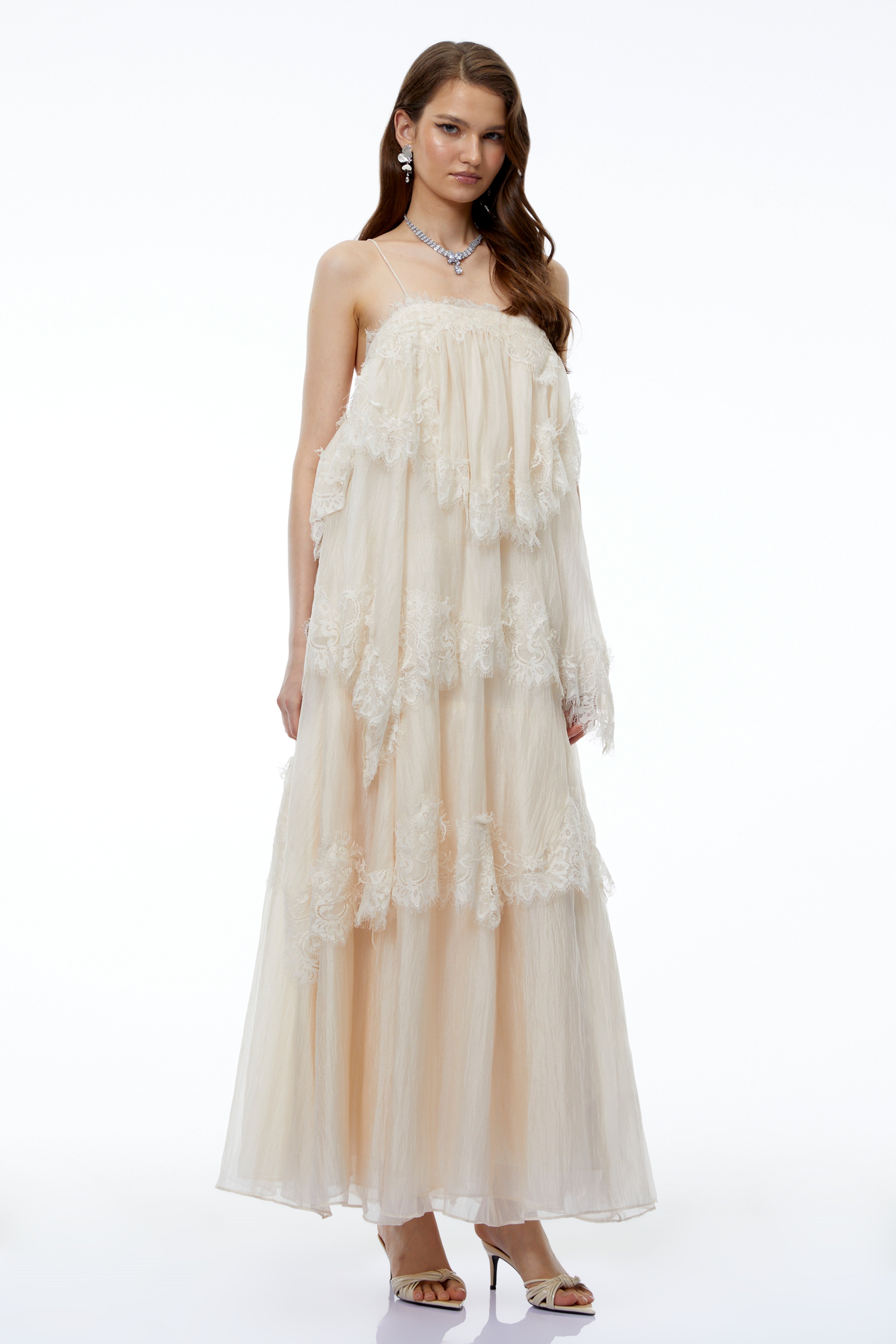 Rhema Cream White Tiered Maxi Dress with Lace Trim