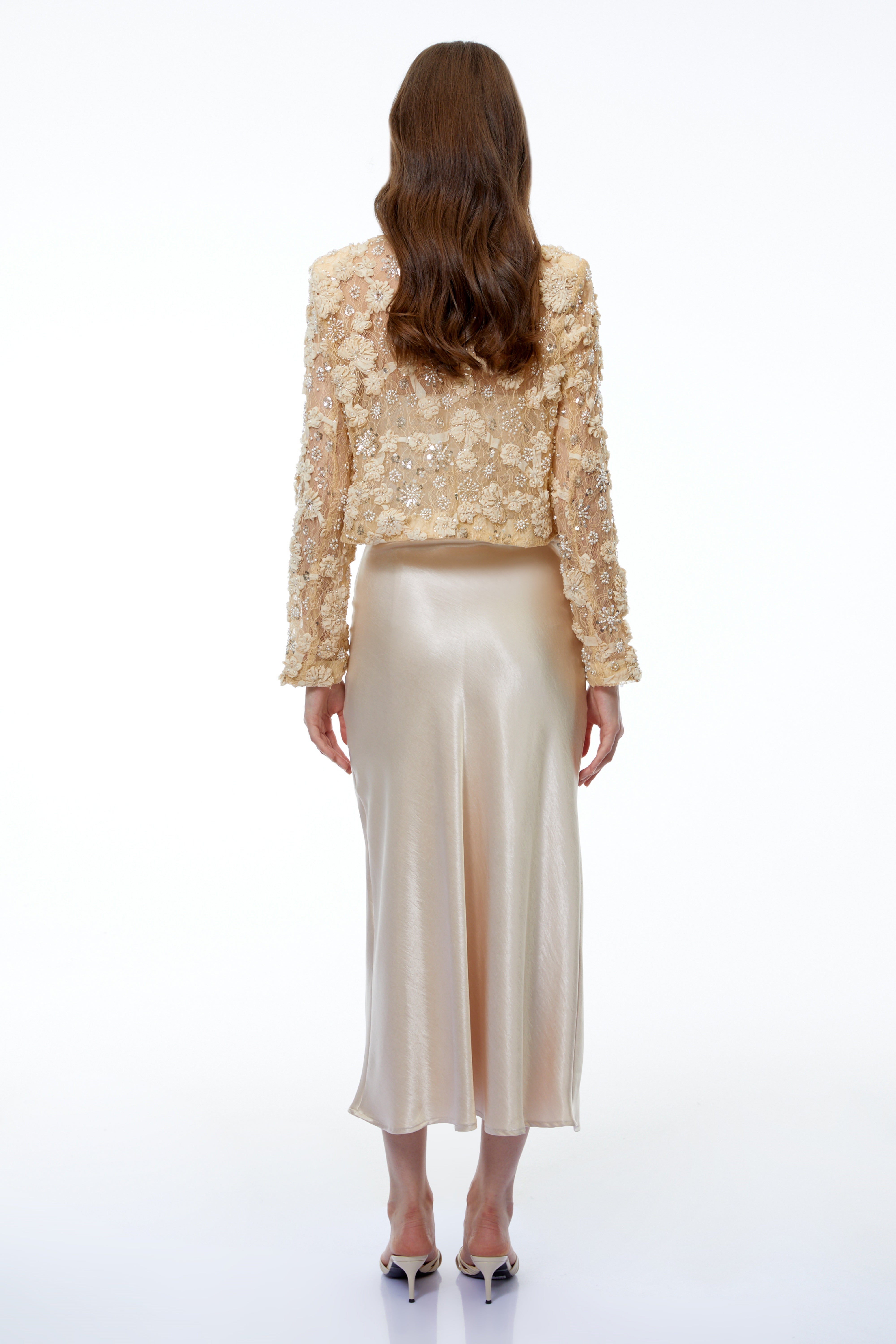 Hera Champagne Floral Embroidered Blouse with Rhinestones