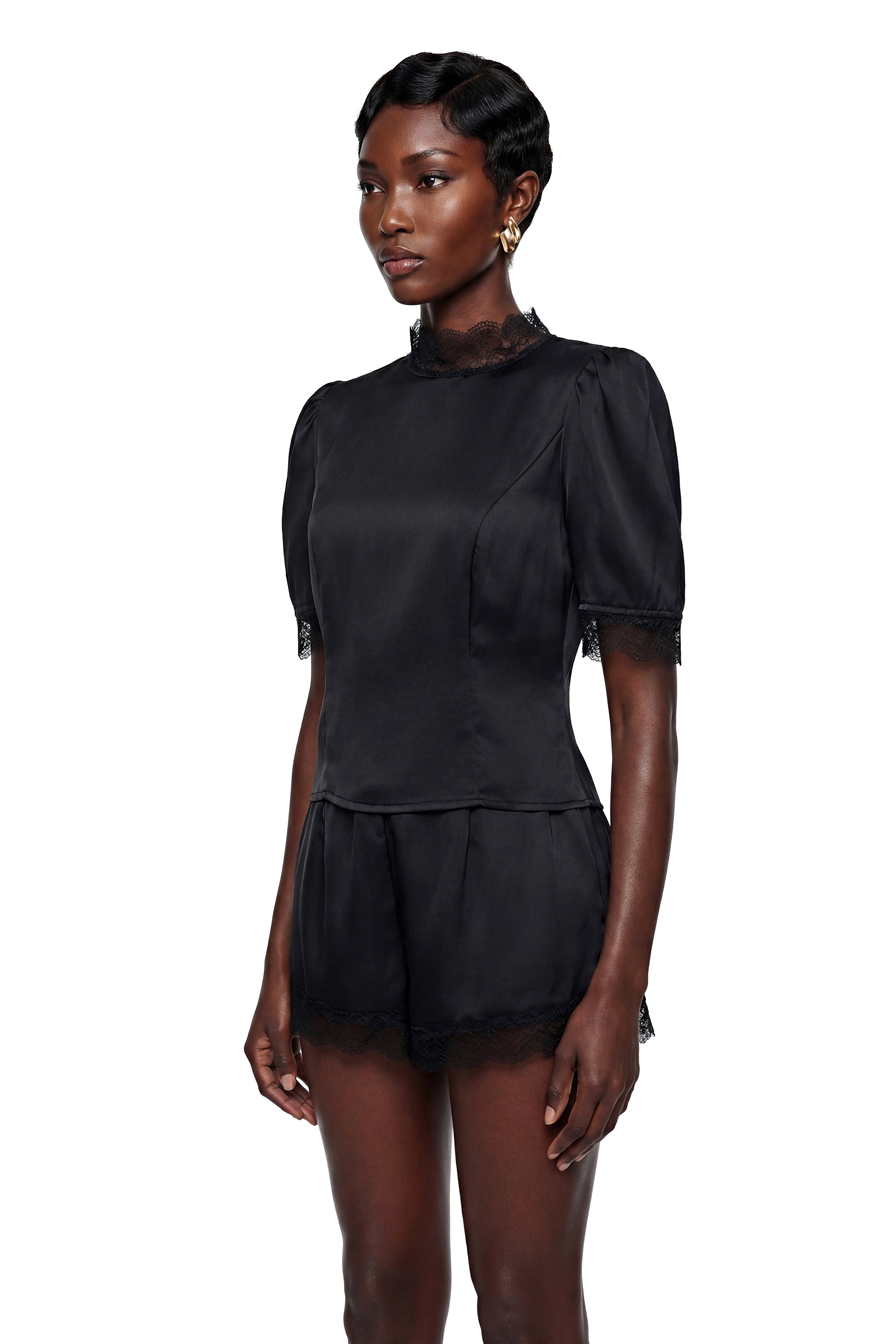 Hesper Black Satin Blouse & Shorts Set with Lace