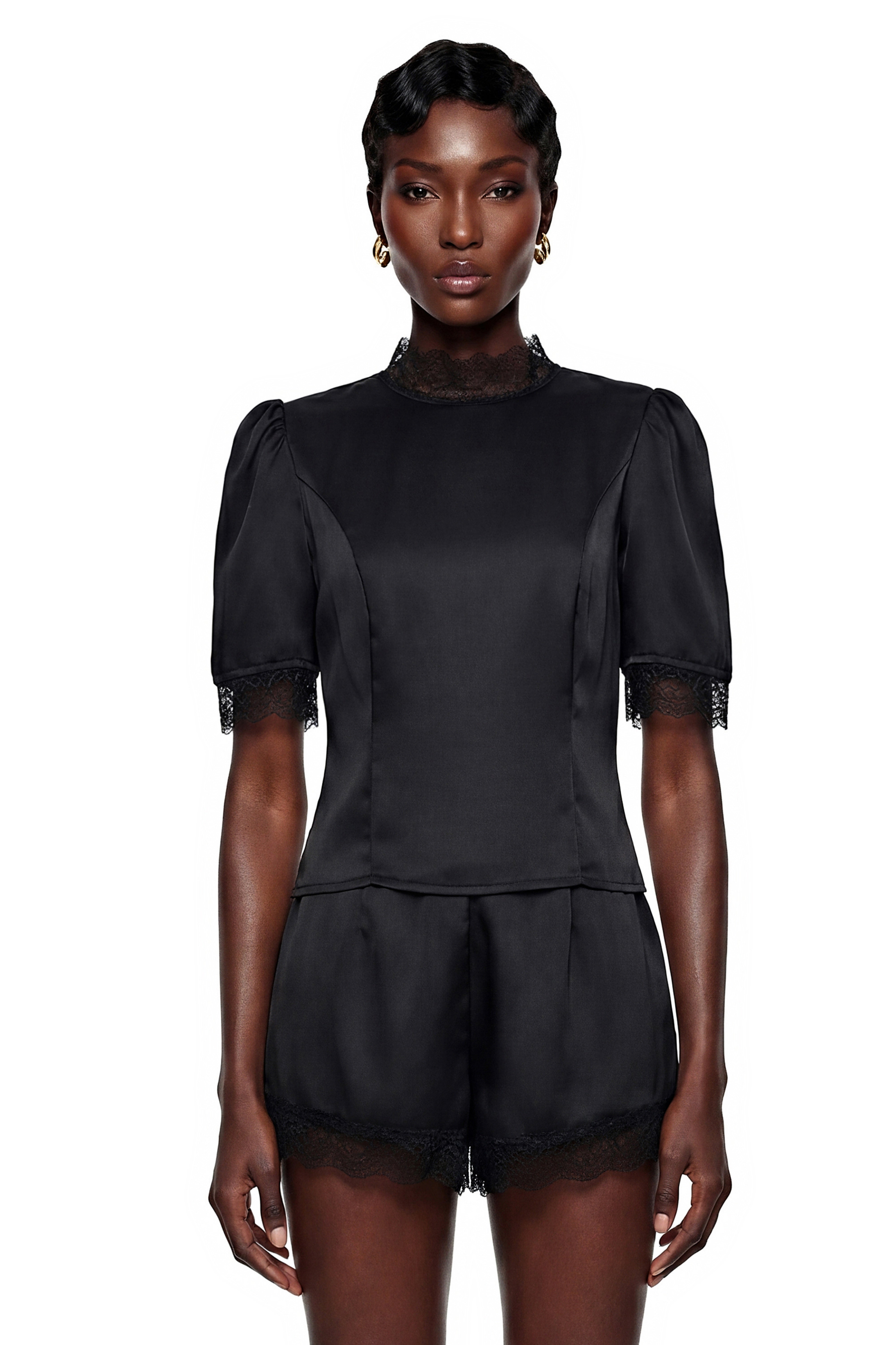 Hesper Black Satin Blouse & Shorts Set with Lace