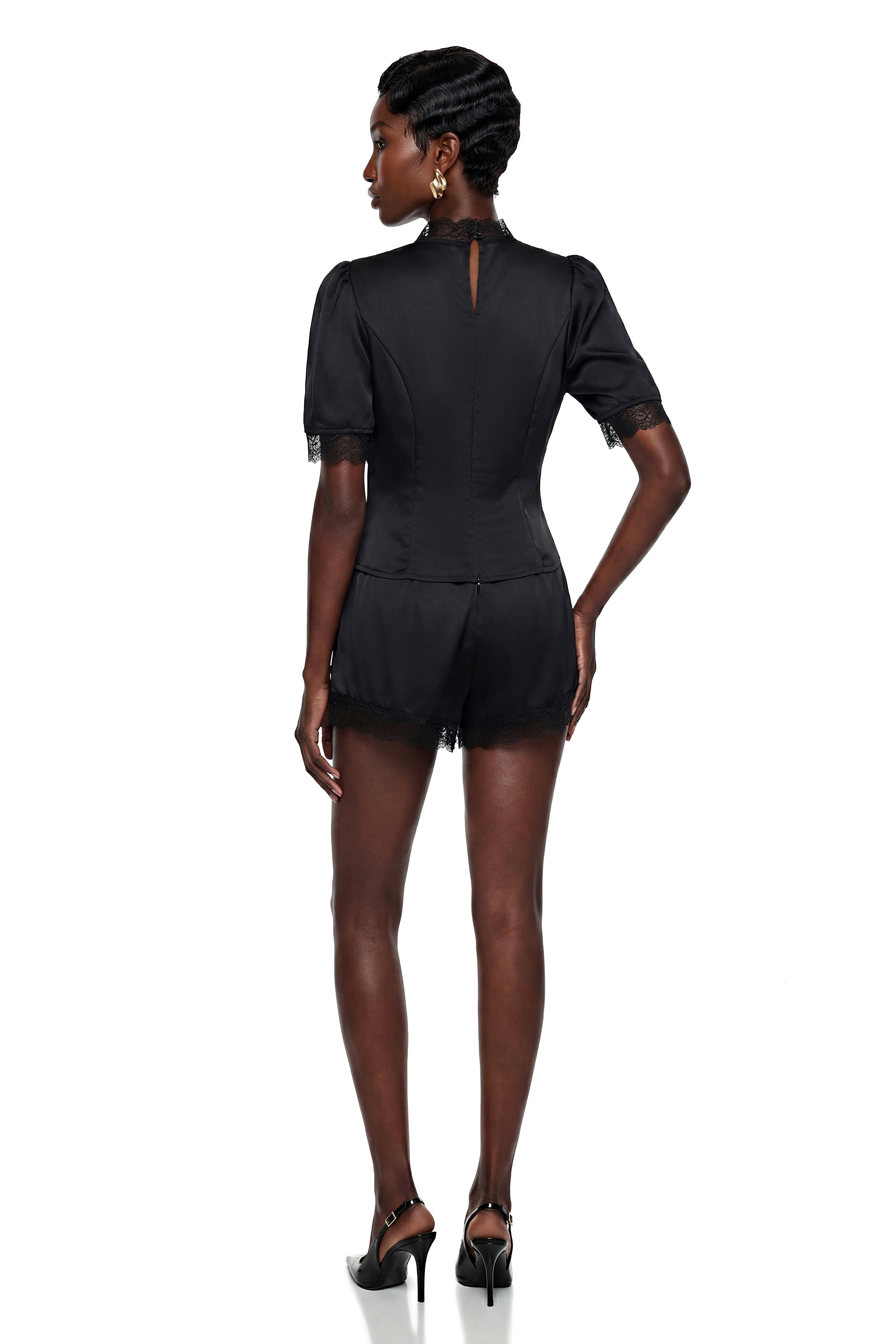 Hesper Black Satin Blouse & Shorts Set with Lace