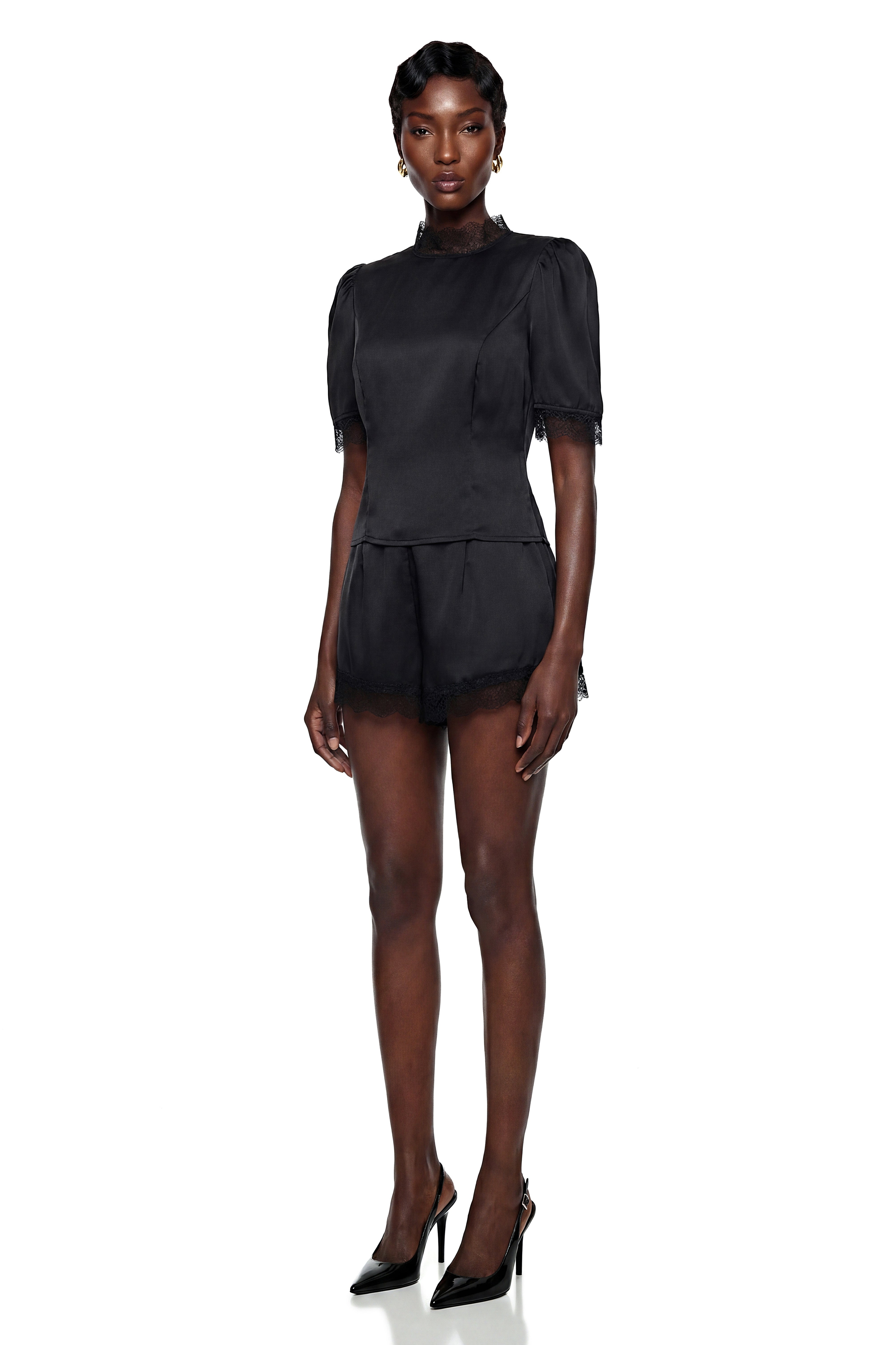 Hesper Black Satin Blouse & Shorts Set with Lace