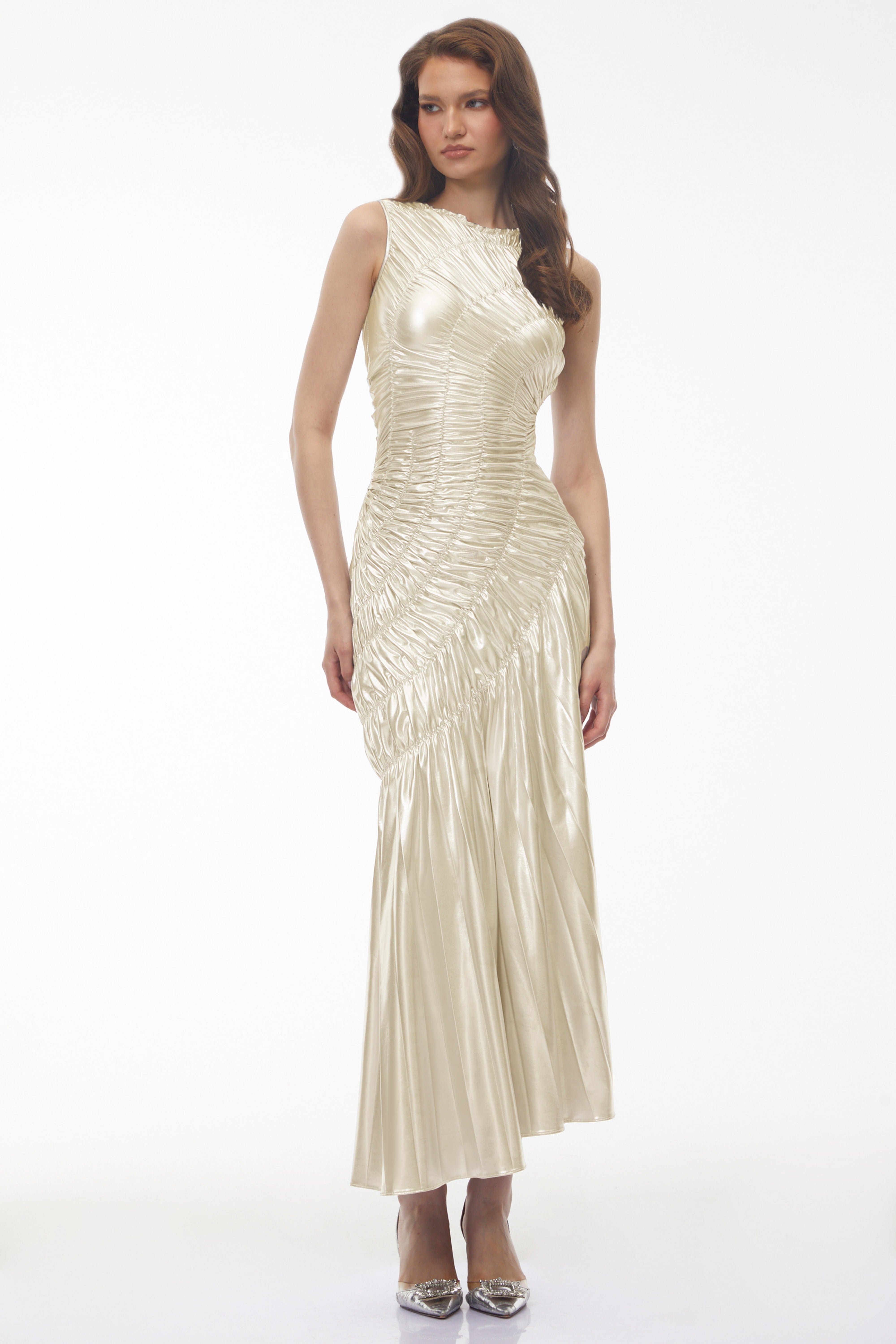 Hestia Champagne Ruched Asymmetrical Maxi Dress