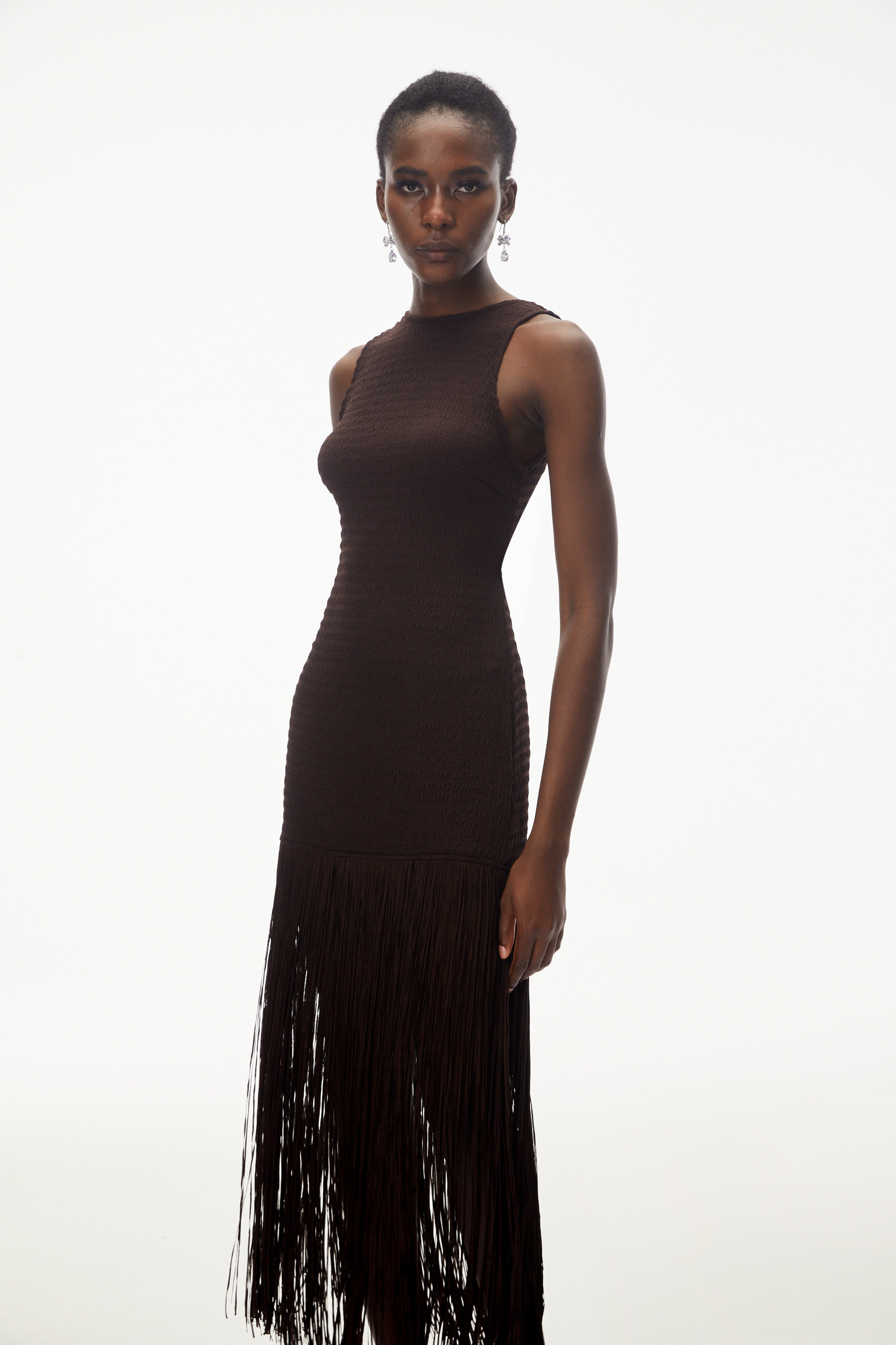 Hestia Chocolate Brown Sleeveless Fringed Maxi Dress Hestia Chocolate Brown Sleeveless Fringed Maxi Dress