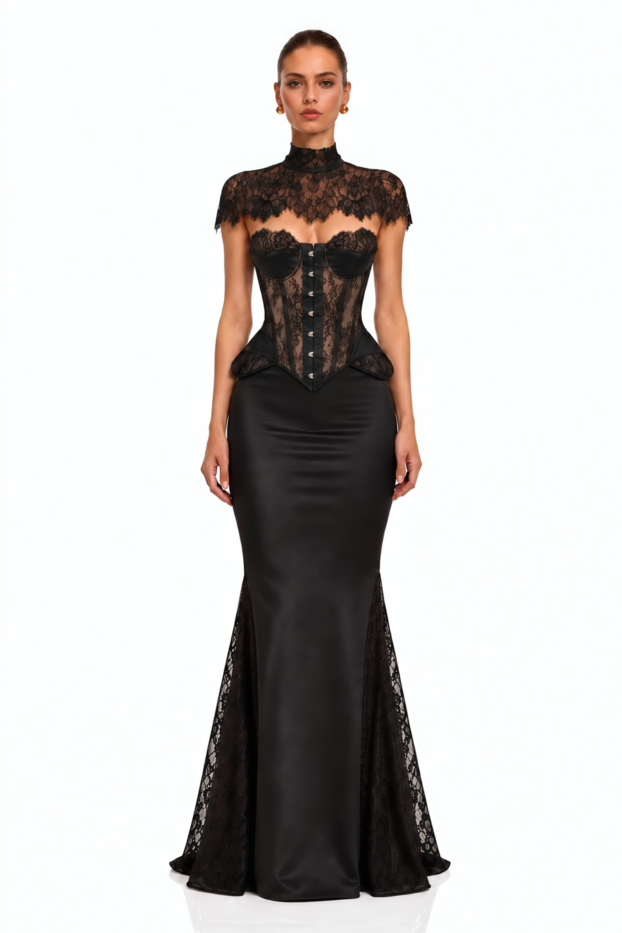 hikma black corset top & skirt set with lace cape