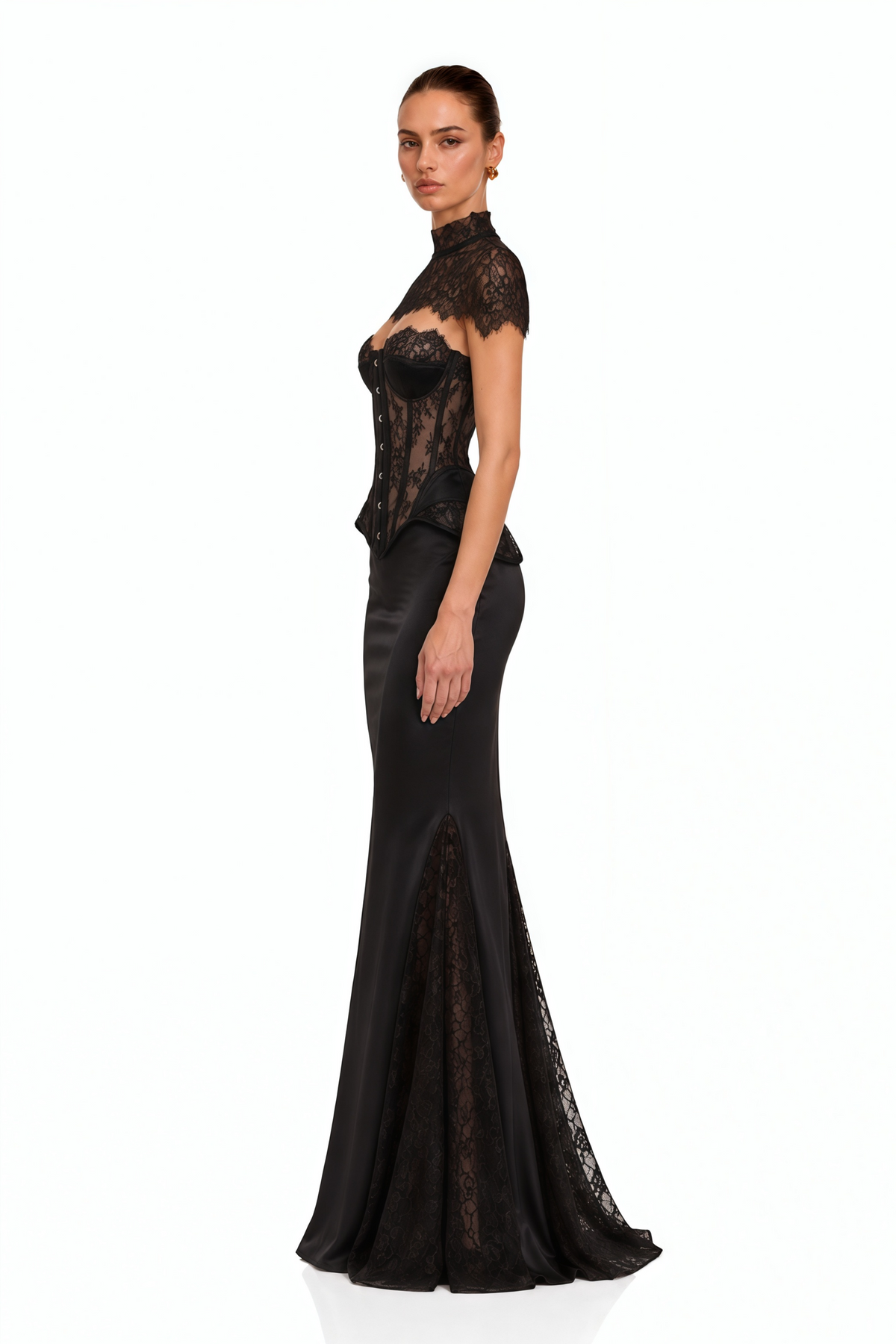 hikma black corset top & skirt set with lace cape