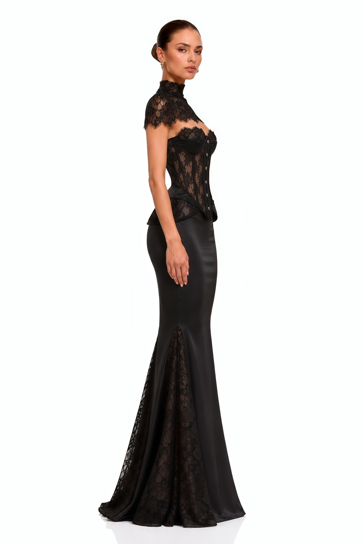 hikma black corset top & skirt set with lace cape
