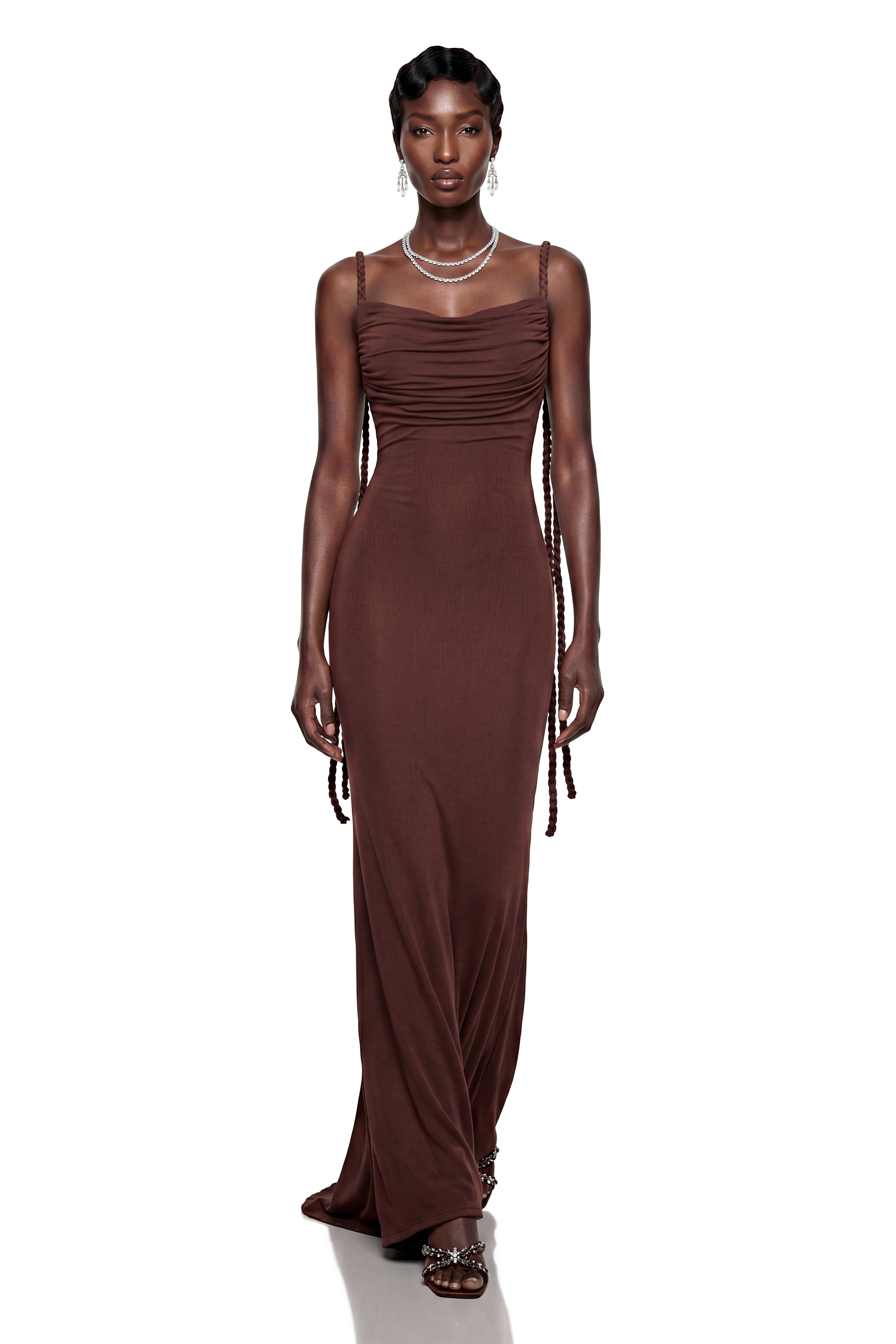 Hilde Brown Square Neck Bodycon Maxi Dress