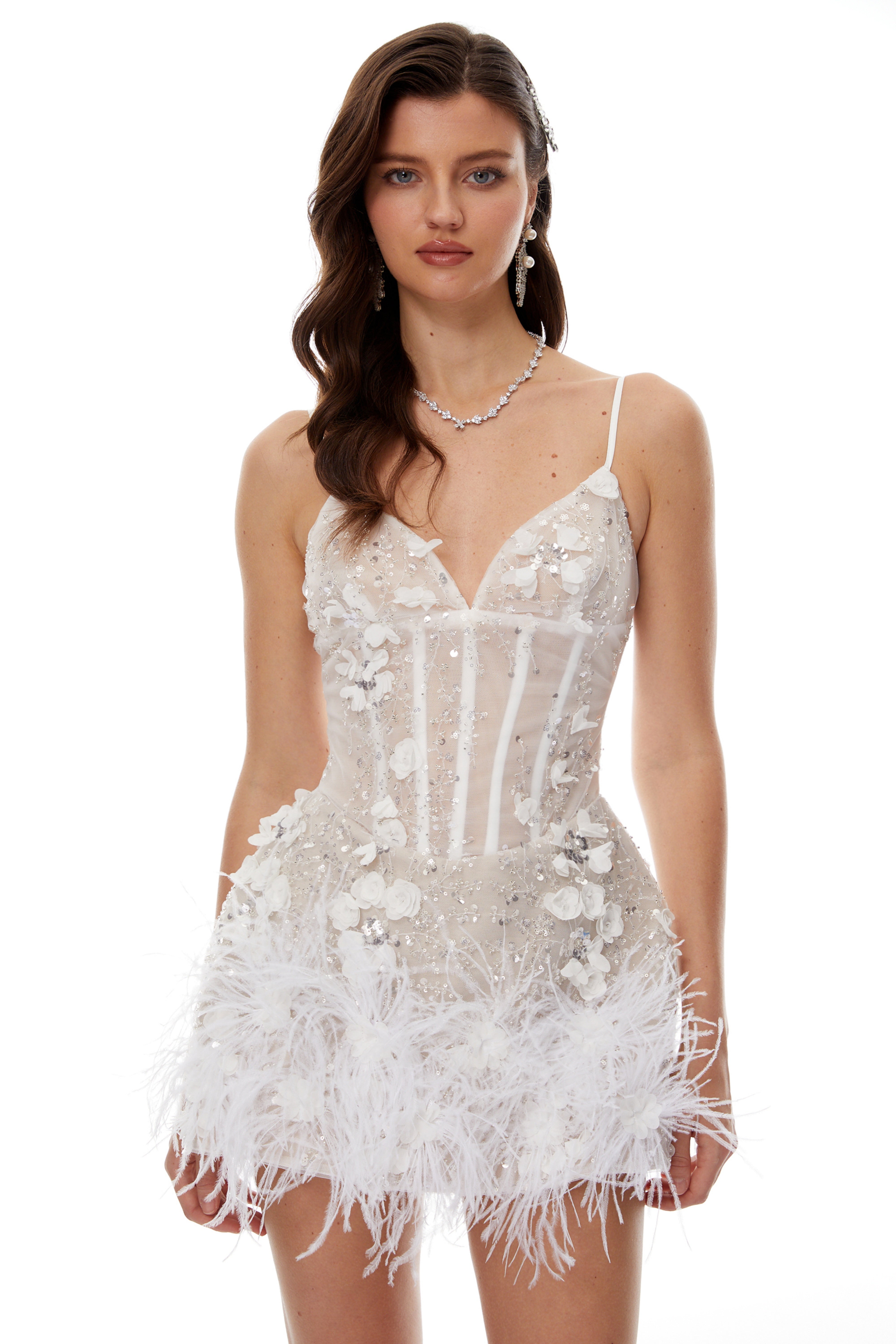 Hildegard White 3D Petal Mini Dress with Feather Trim (Final Sale-US Only)