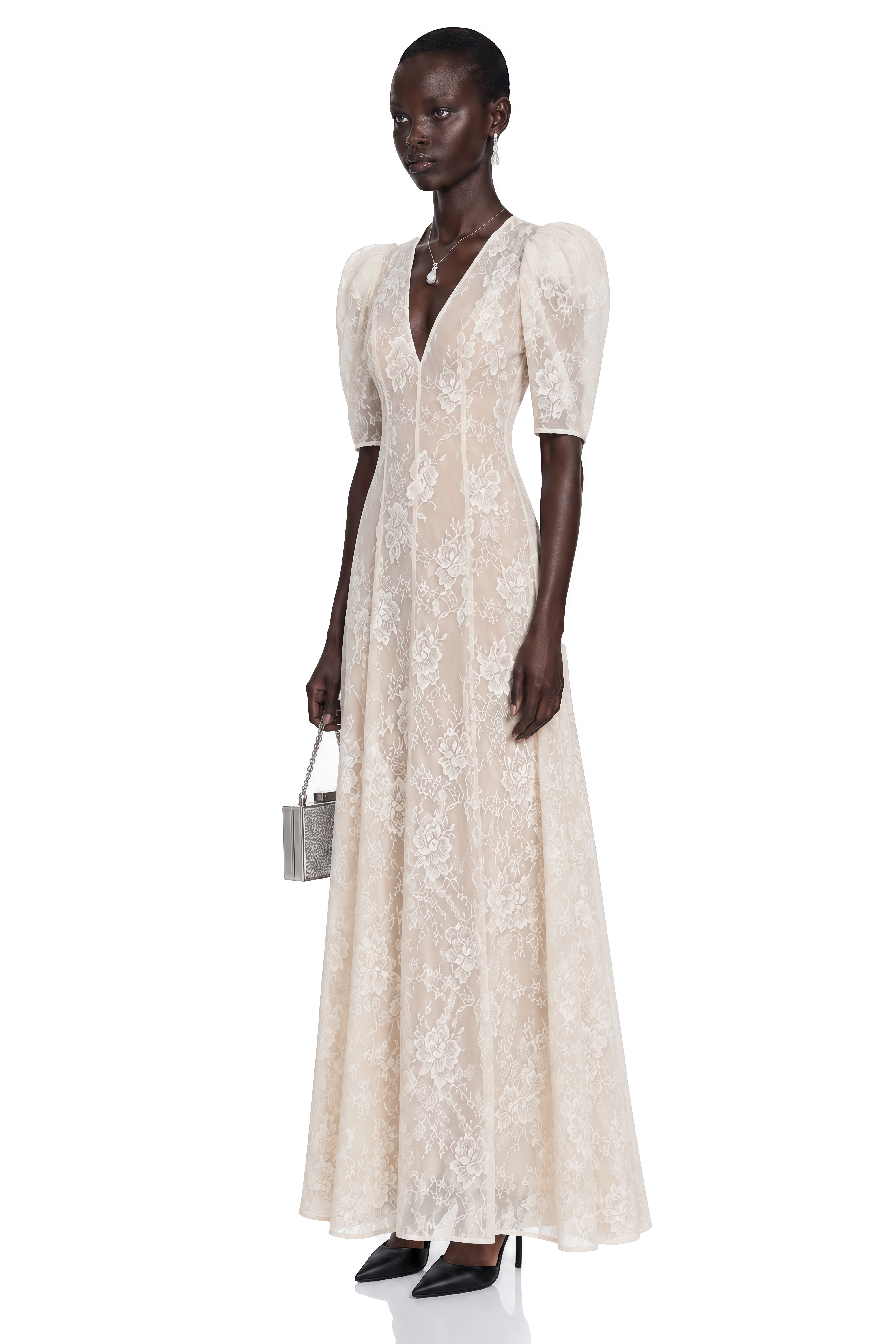 Hinekawa White V-Neck Lace Maxi Dress