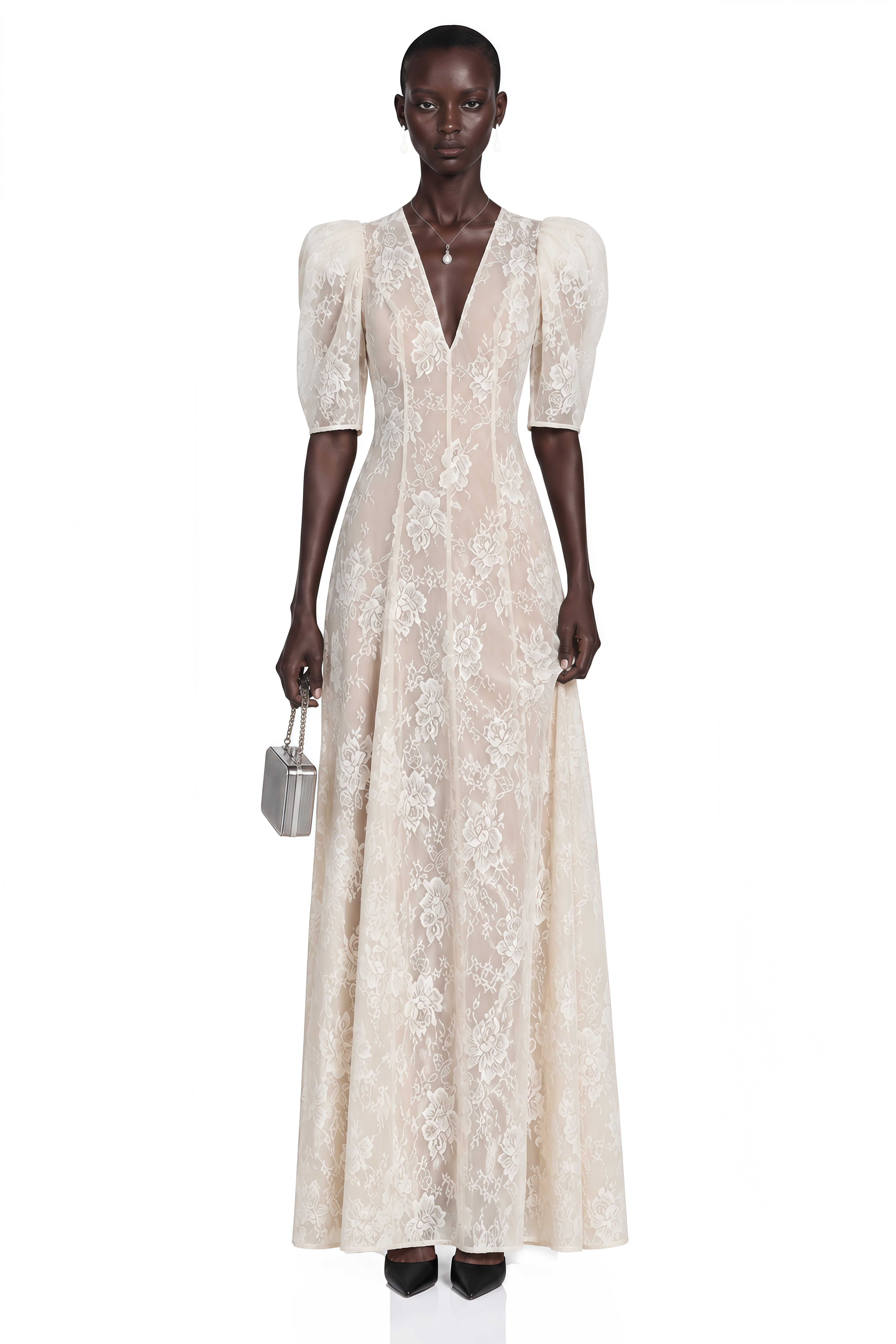 Hinekawa White V-Neck Lace Maxi Dress