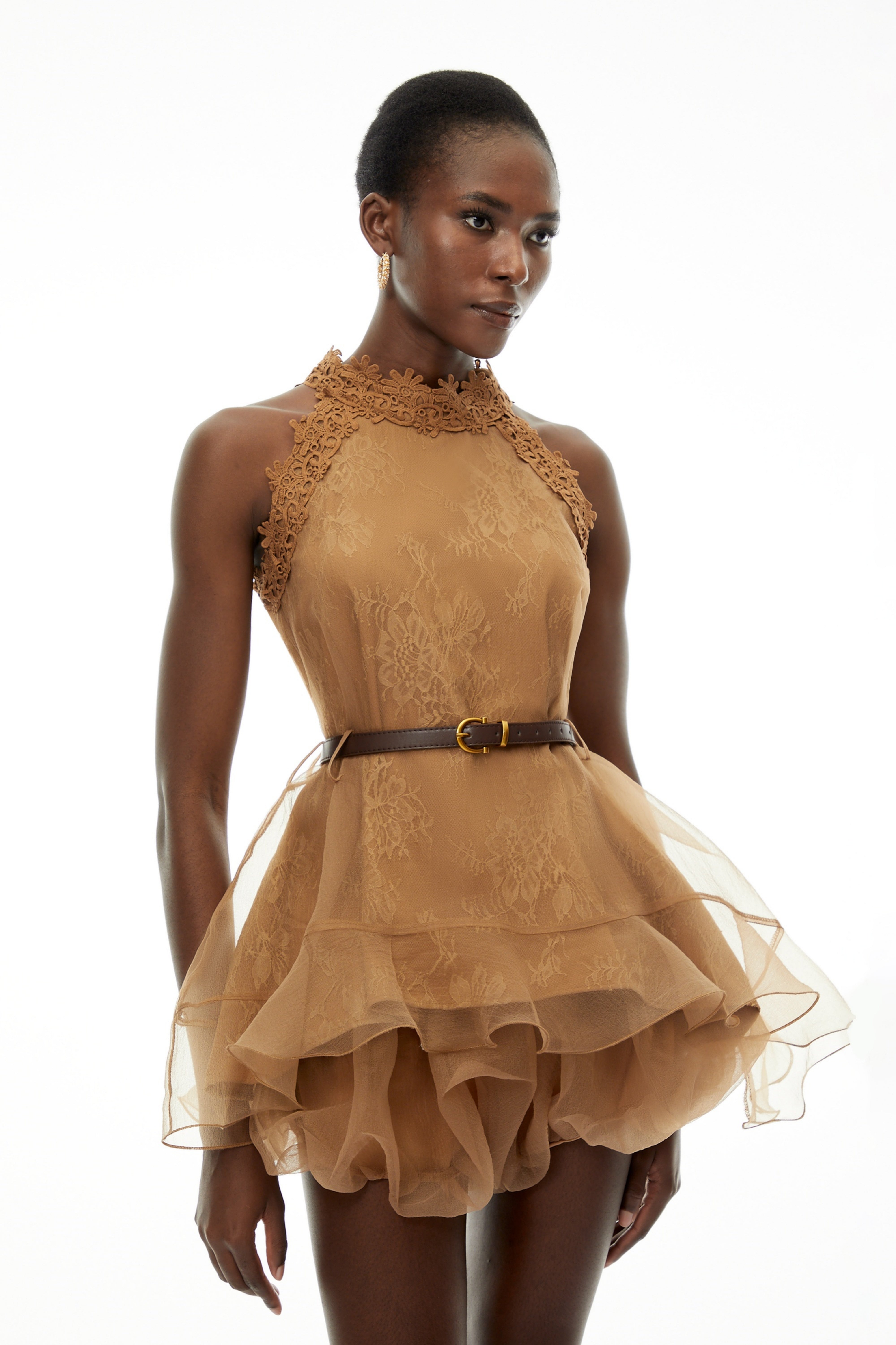 Holly Chocolate Brown Halterneck Mesh Mini Dress