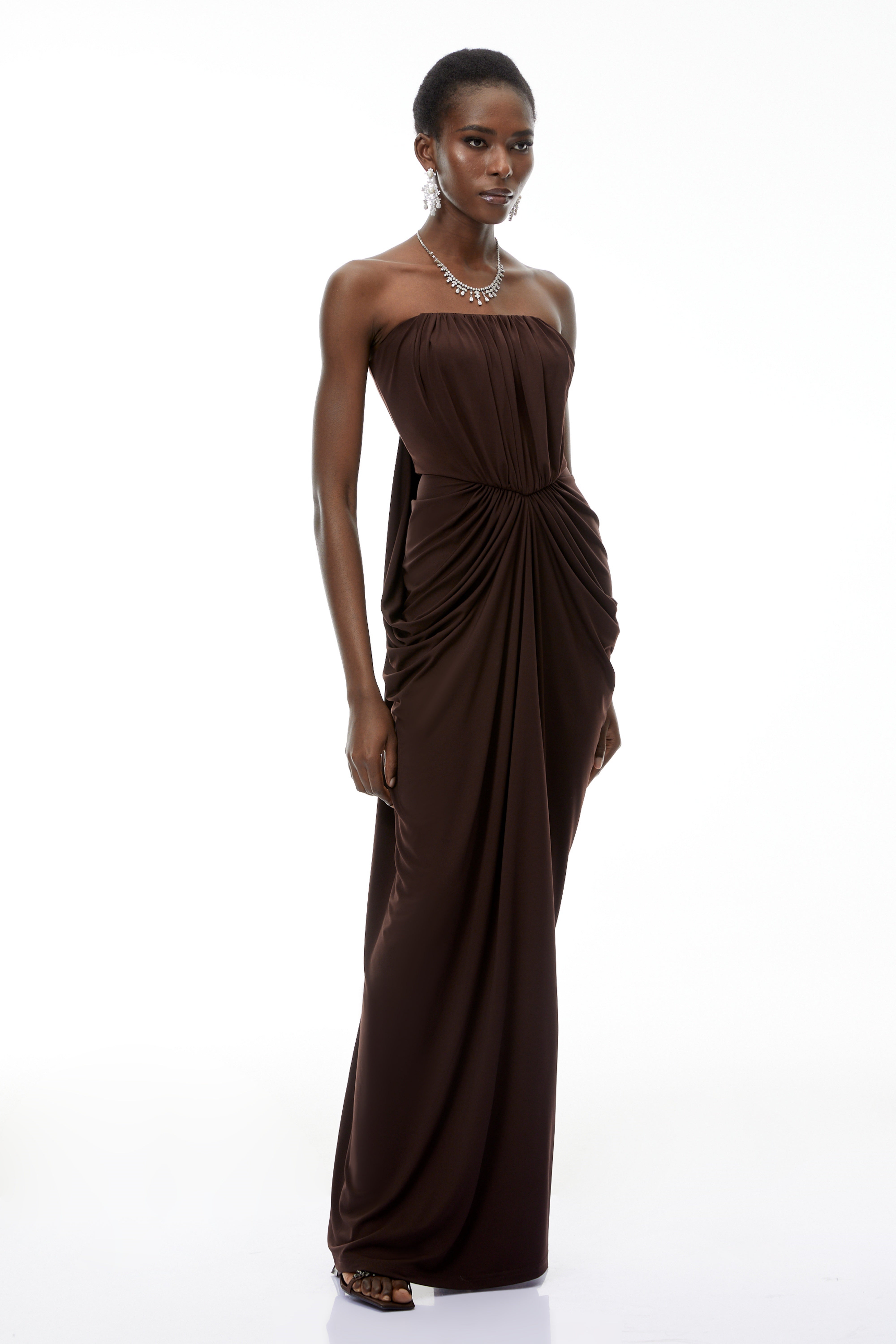 Honoria Chocolate Brown Off Shoulder Maxi Dress