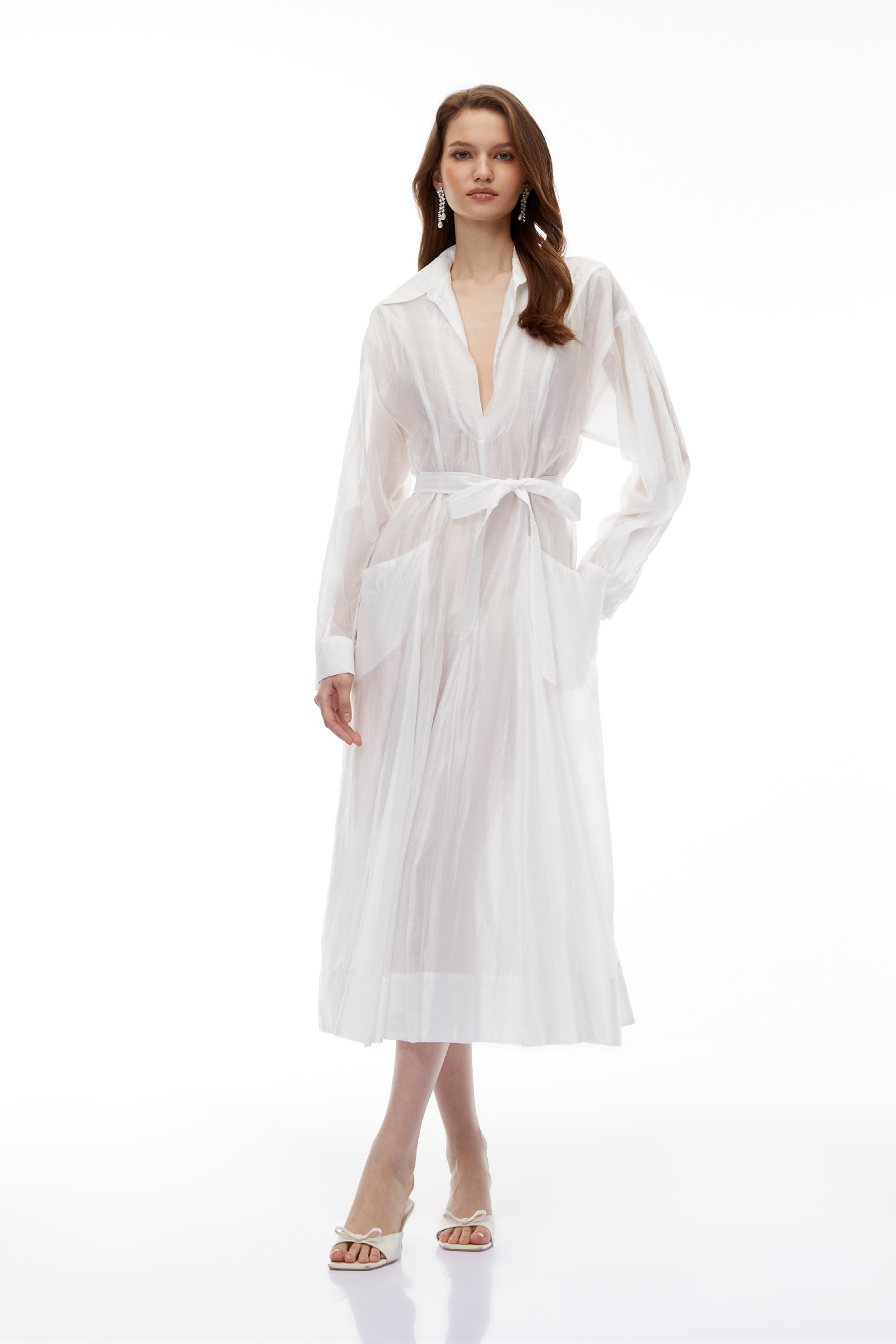 Hortensia White Plunge Neck Flared Maxi Dress