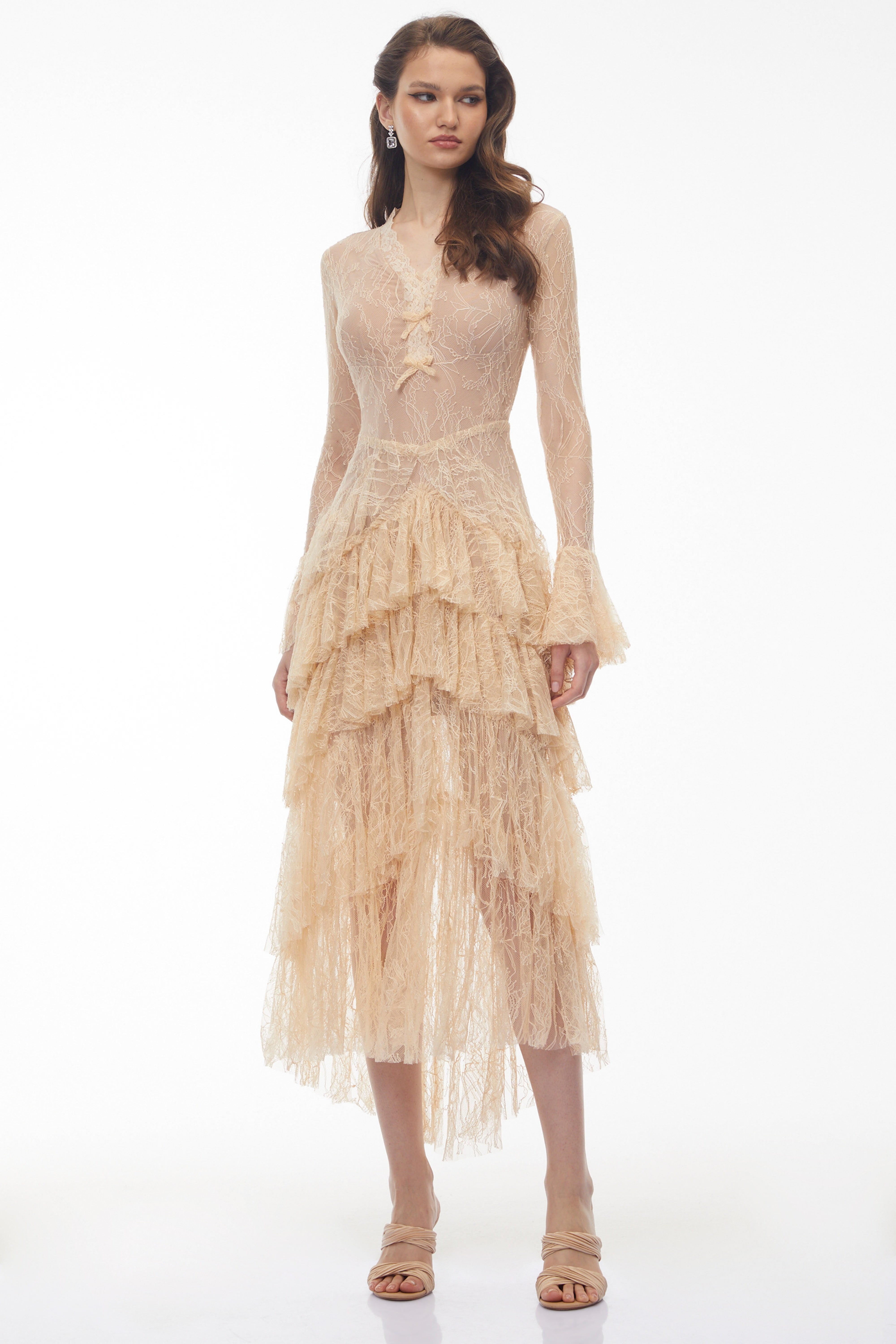 Humayma Beige Lace Tiered Midi Dress