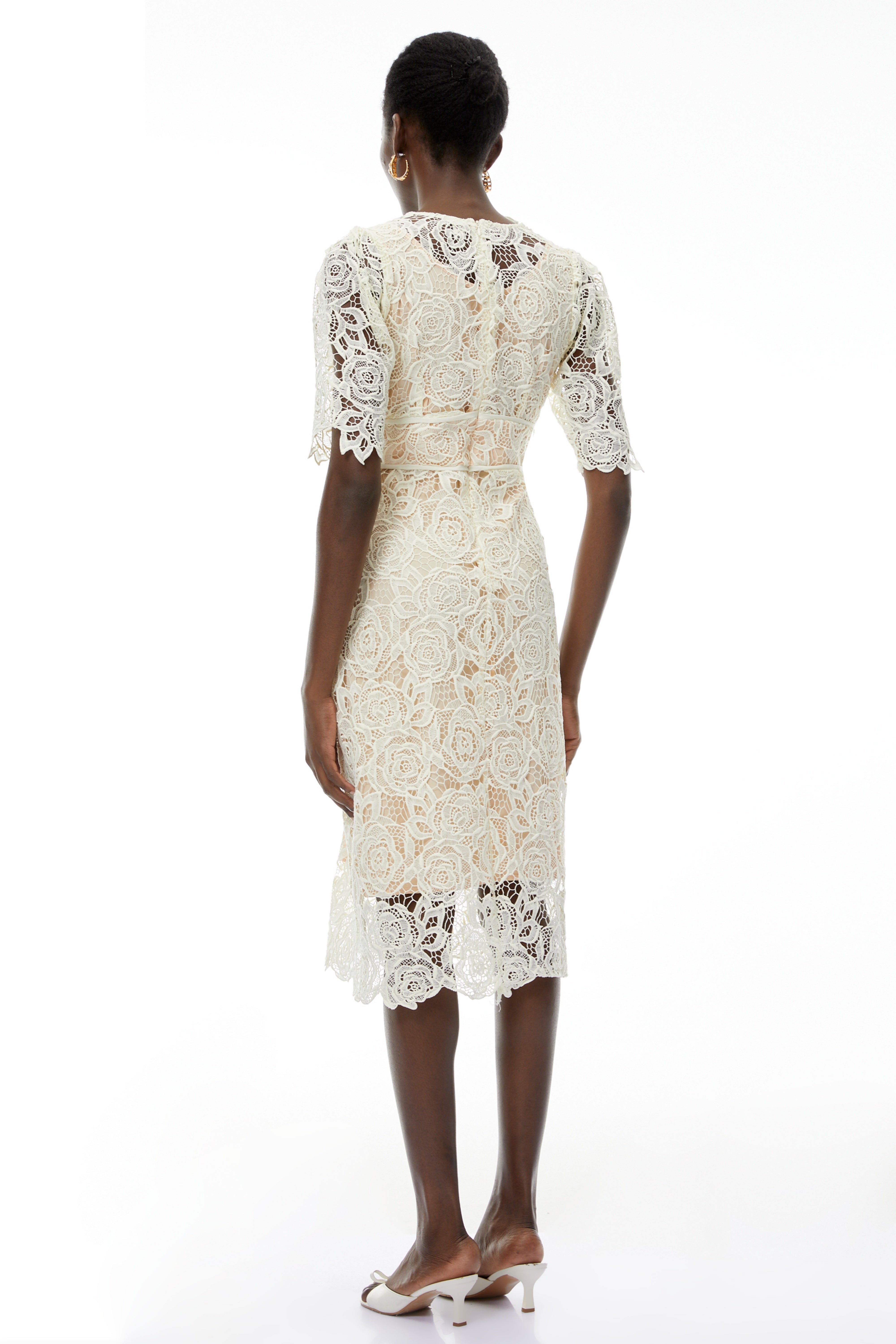 Hypatia Neutral Lace Embroidered Midi Dress